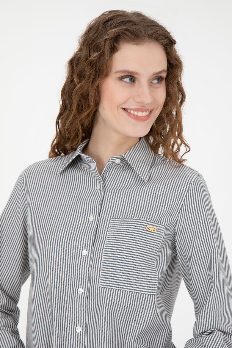 Kadın Lacivert Uzun Kollu Çizgili Gömlek - 50272449003