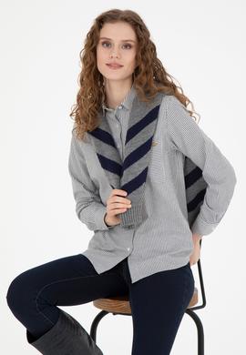 Kadın Lacivert Uzun Kollu Çizgili Gömlek - 50272449003