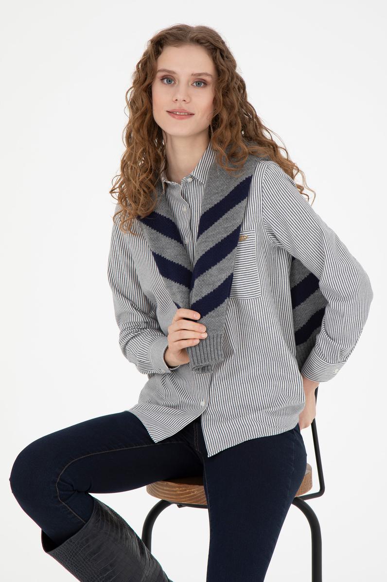 Kadın Lacivert Uzun Kollu Çizgili Gömlek
