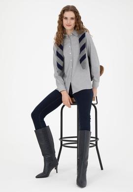 Kadın Lacivert Uzun Kollu Çizgili Gömlek - 50272449003