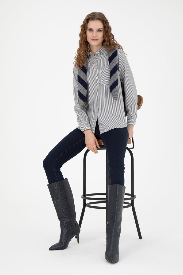 Kadın Lacivert Uzun Kollu Çizgili Gömlek - 50272449003