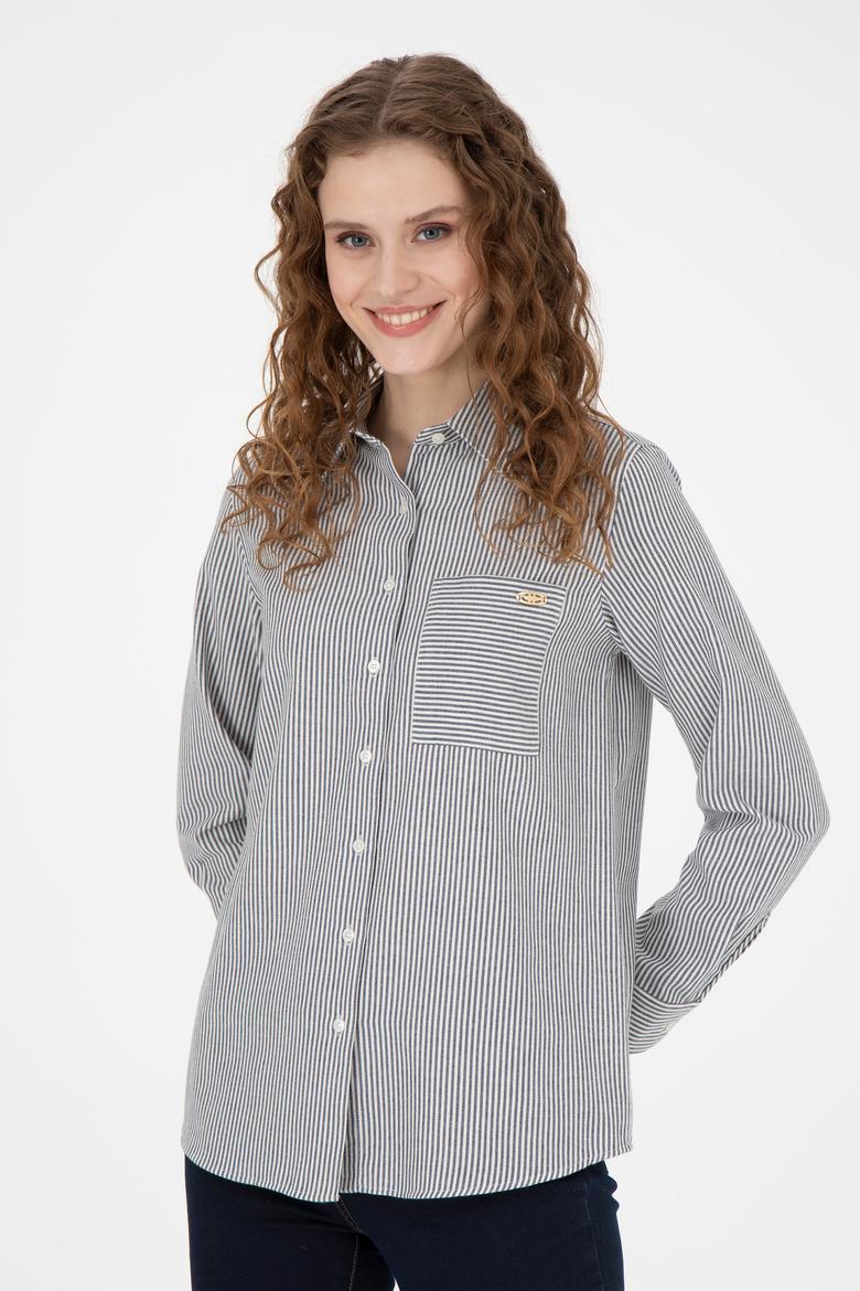 Kadın Lacivert Uzun Kollu Çizgili Gömlek - 50272449003