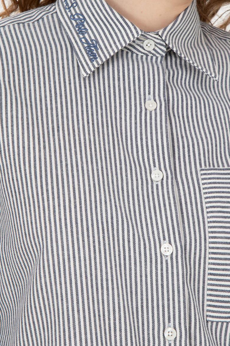 Kadın Lacivert Uzun Kollu Çizgili Gömlek - 50272449003