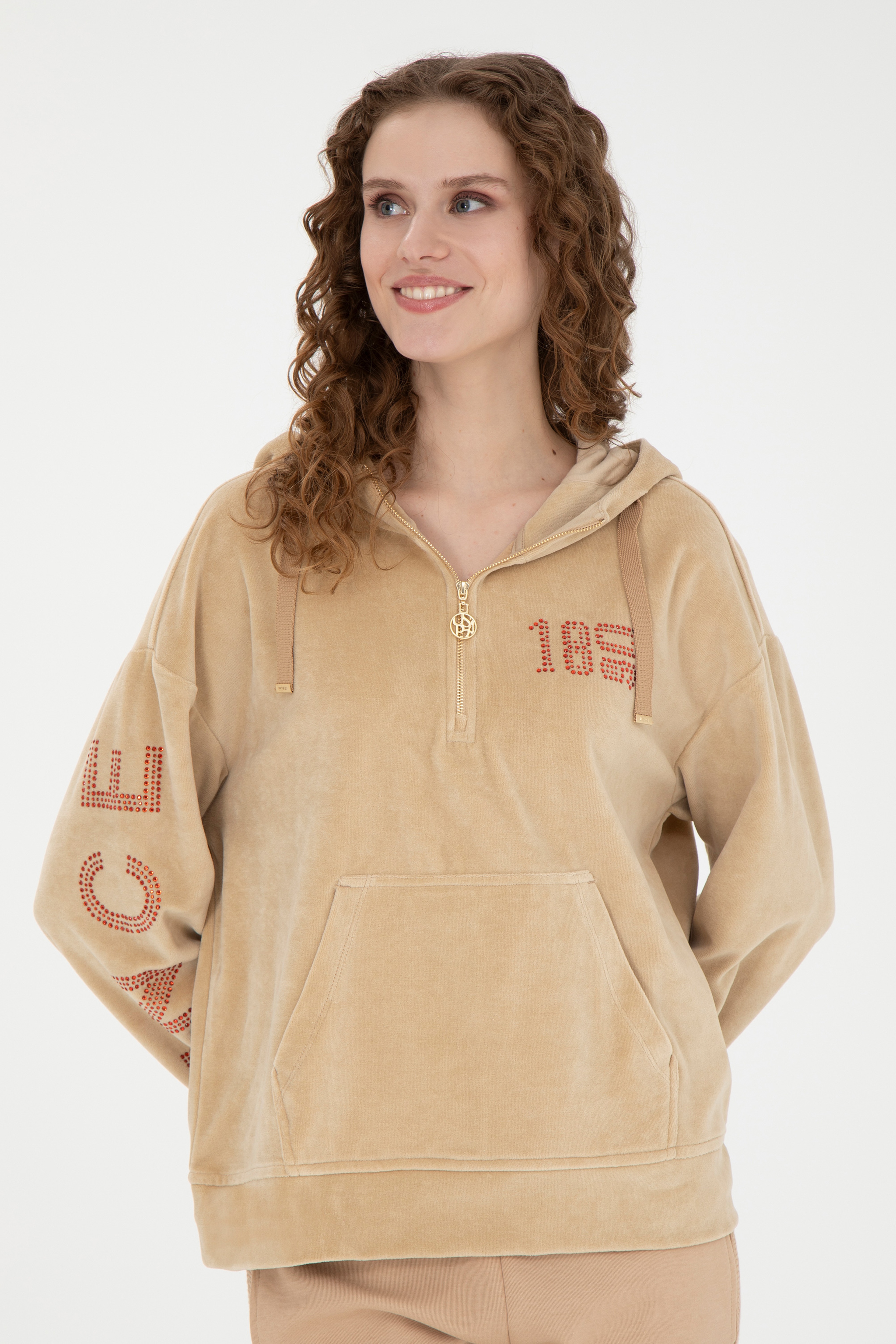 Kadın Kum Kapüşonlu Sweatshirt - Image 3