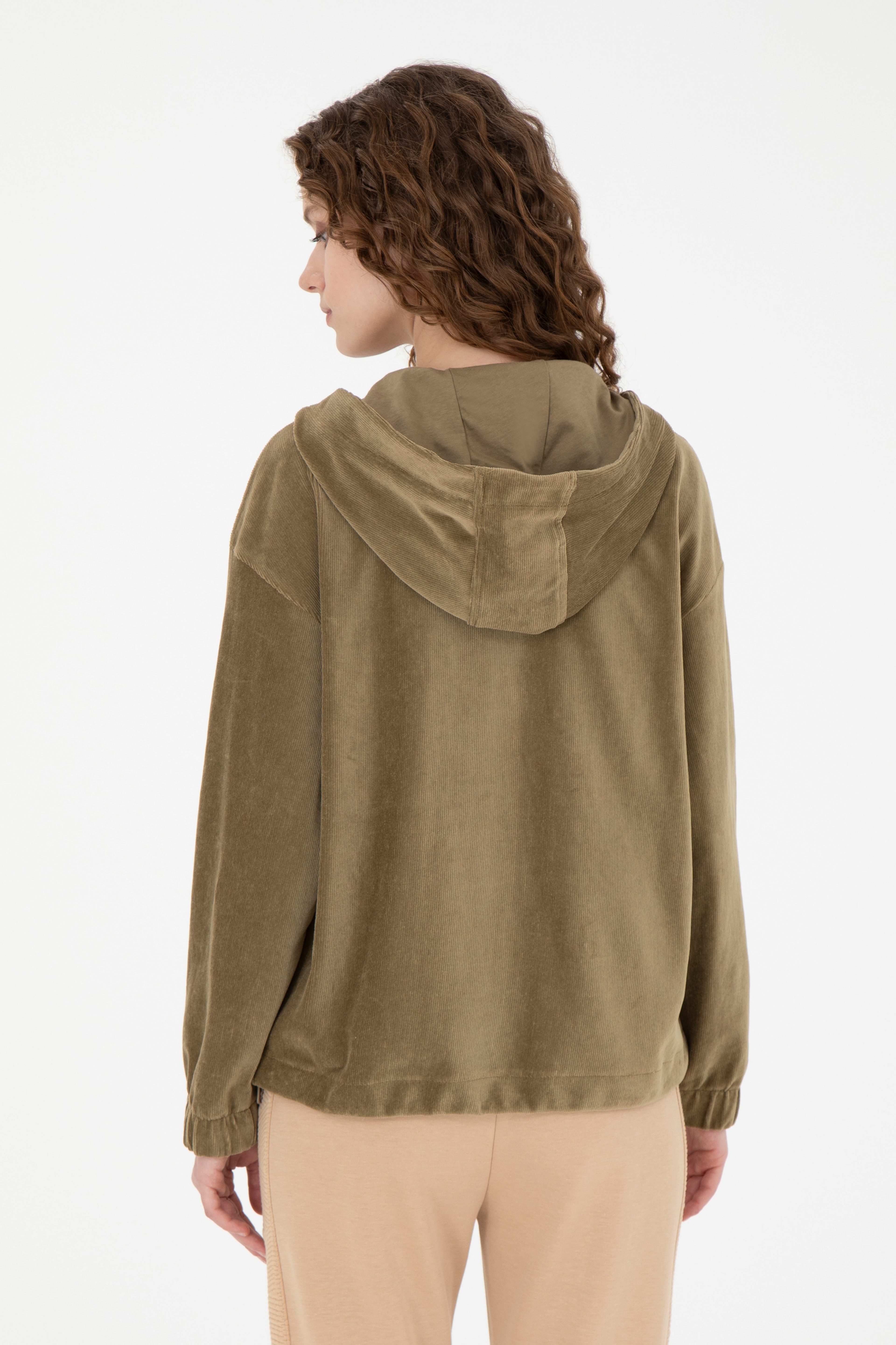 Kadın Haki Kapüşonlu Sweatshirt - Image 5
