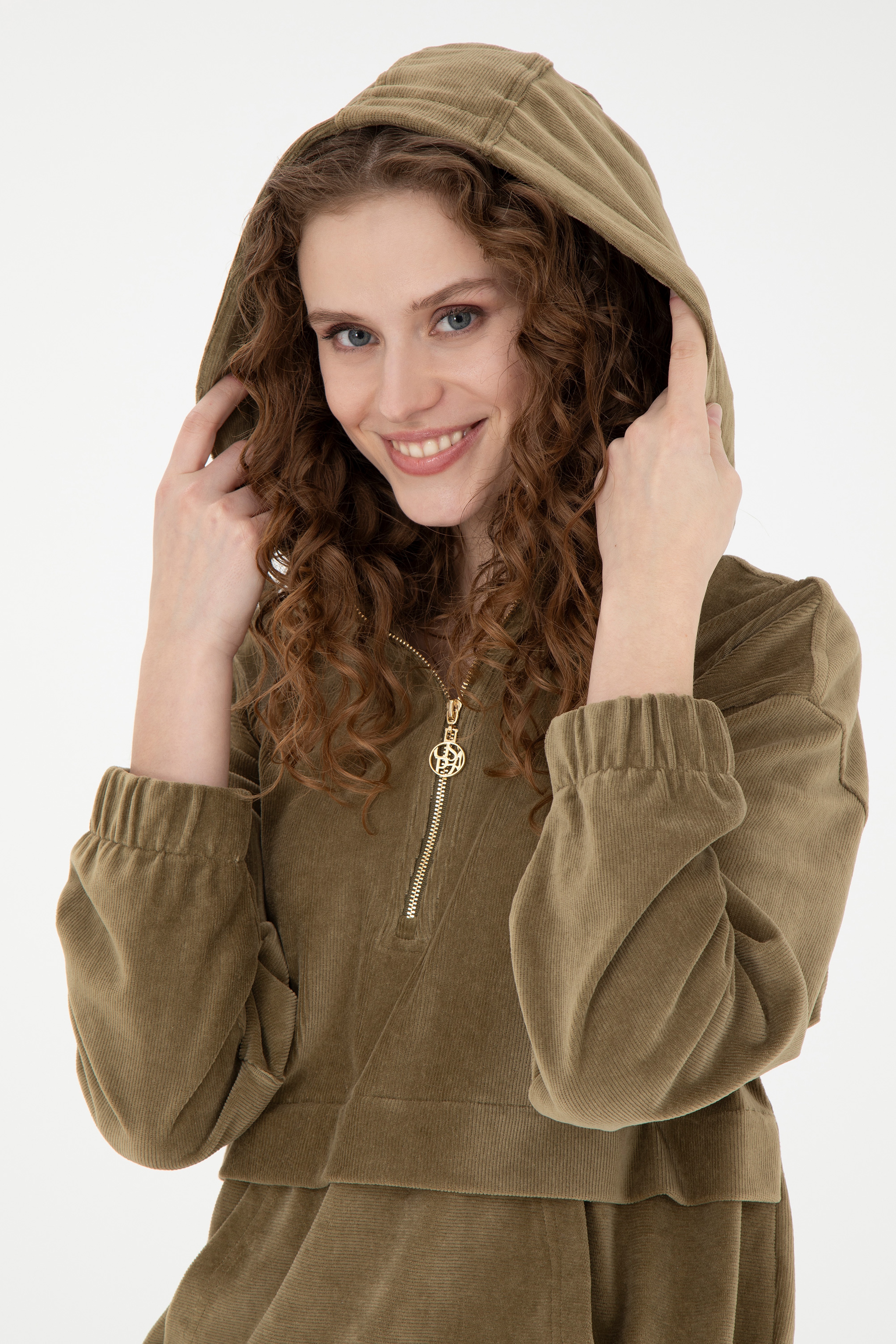 Kadın Haki Kapüşonlu Sweatshirt - Image 2