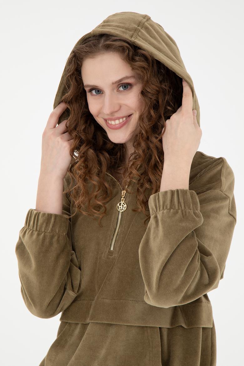 Kadın Haki Kapüşonlu Sweatshirt - 50271594012