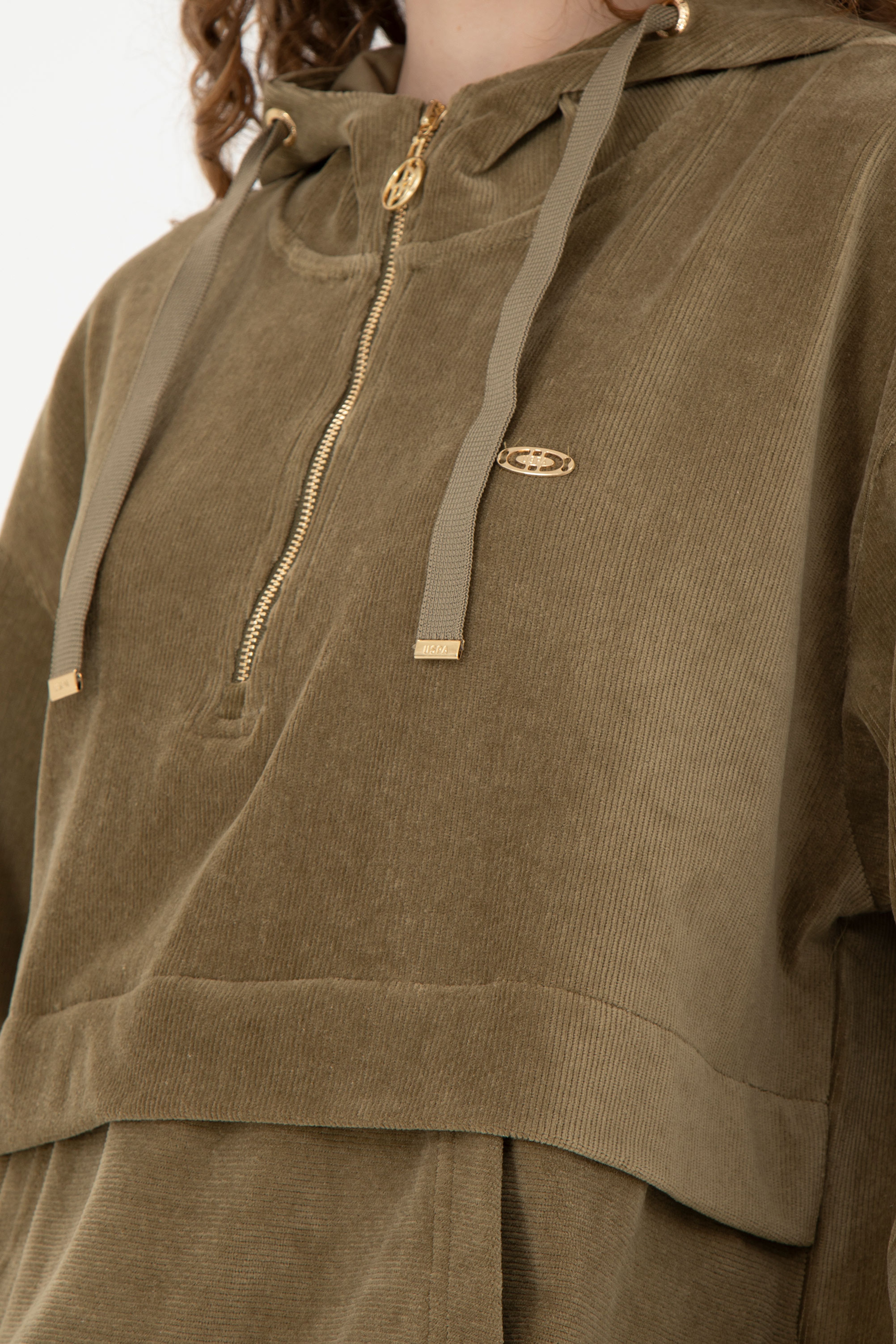 Kadın Haki Kapüşonlu Sweatshirt - Image 7