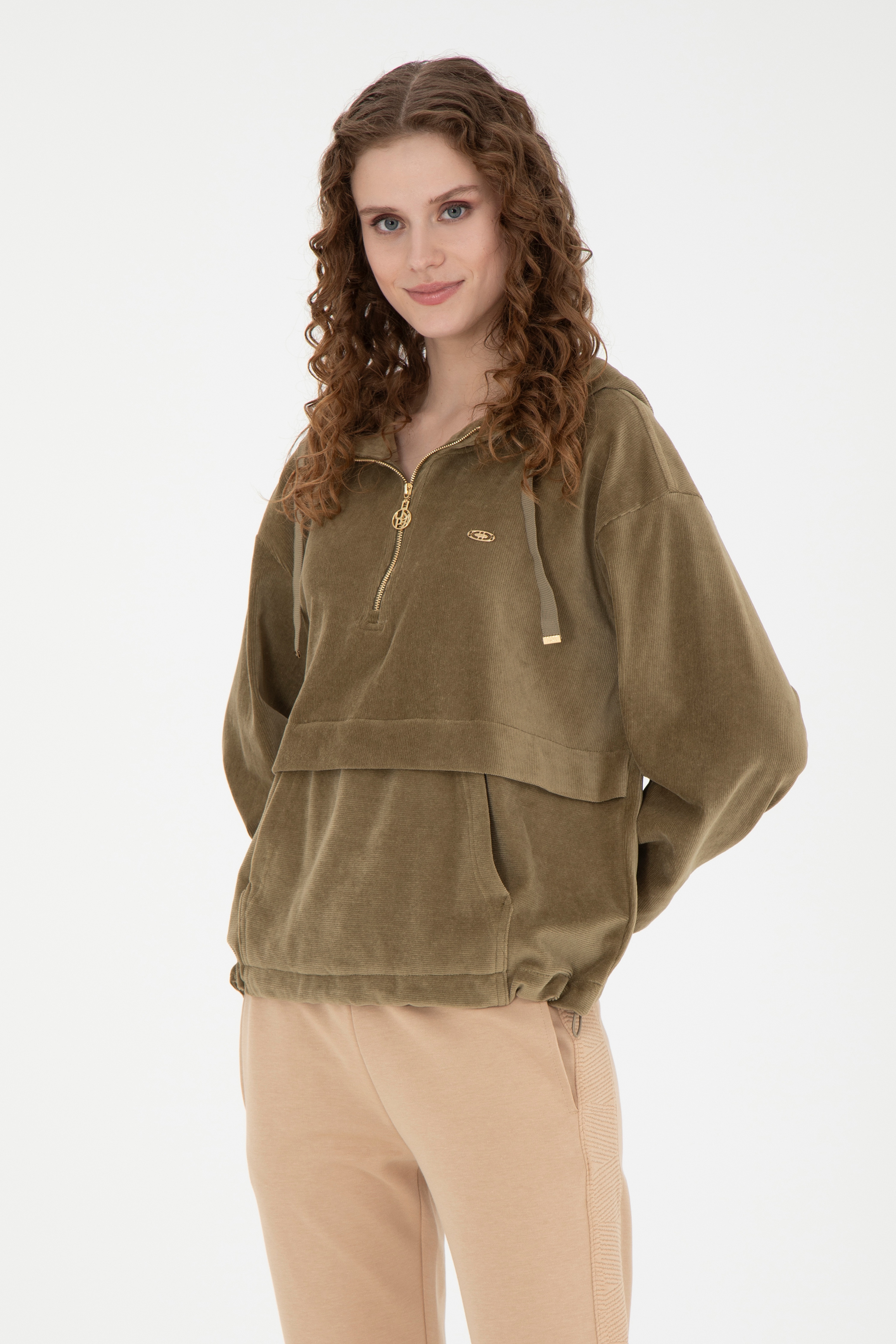 Kadın Haki Kapüşonlu Sweatshirt - Image 1