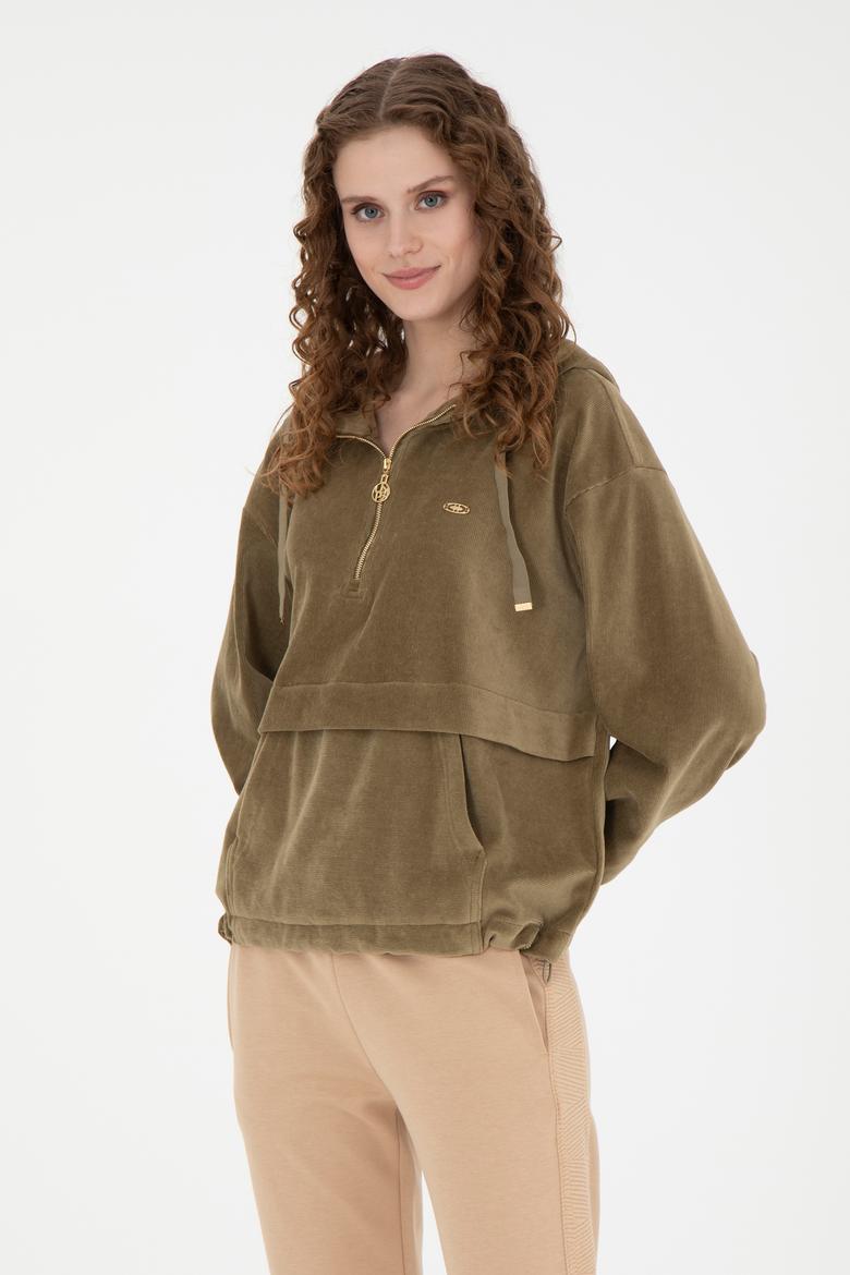 Kadın Haki Kapüşonlu Sweatshirt