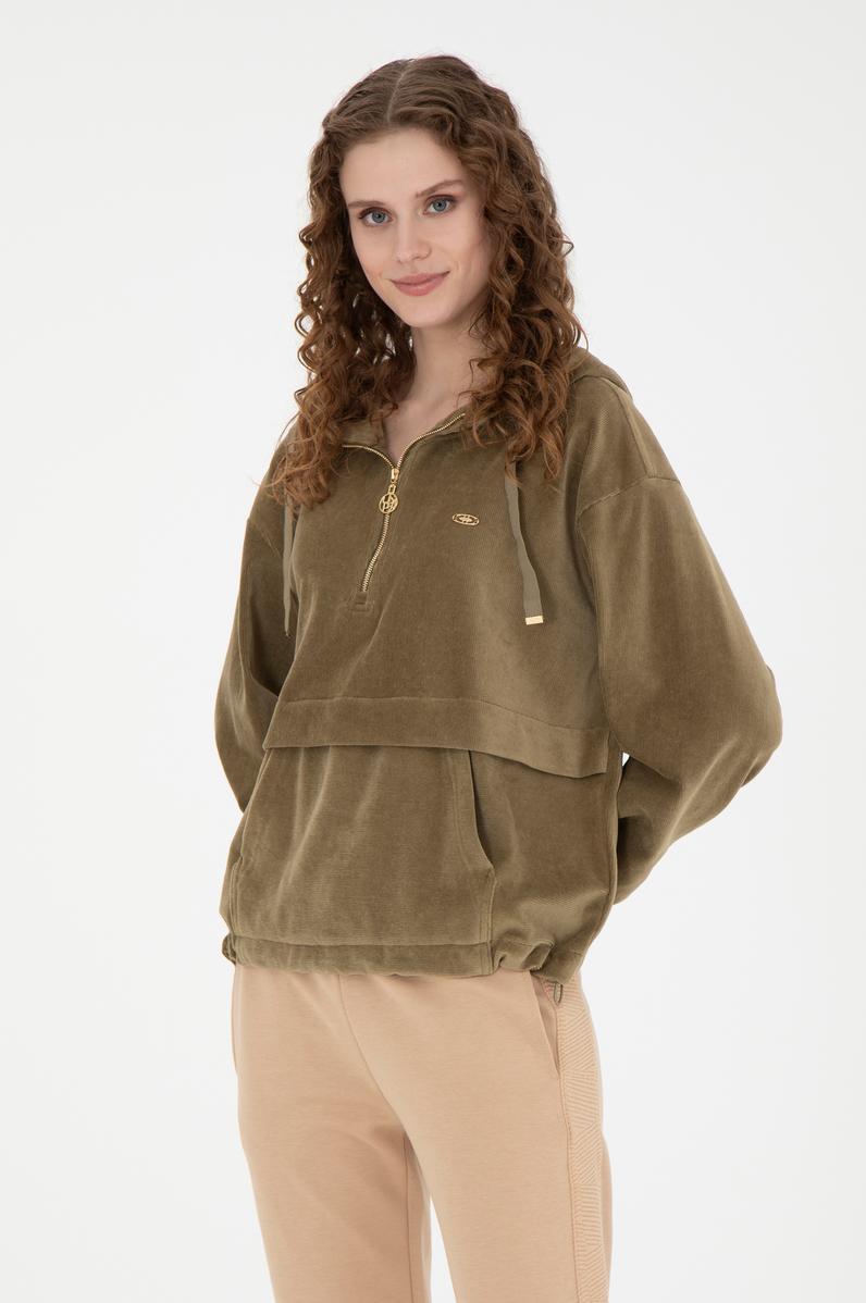 Kadın Haki Kapüşonlu Sweatshirt