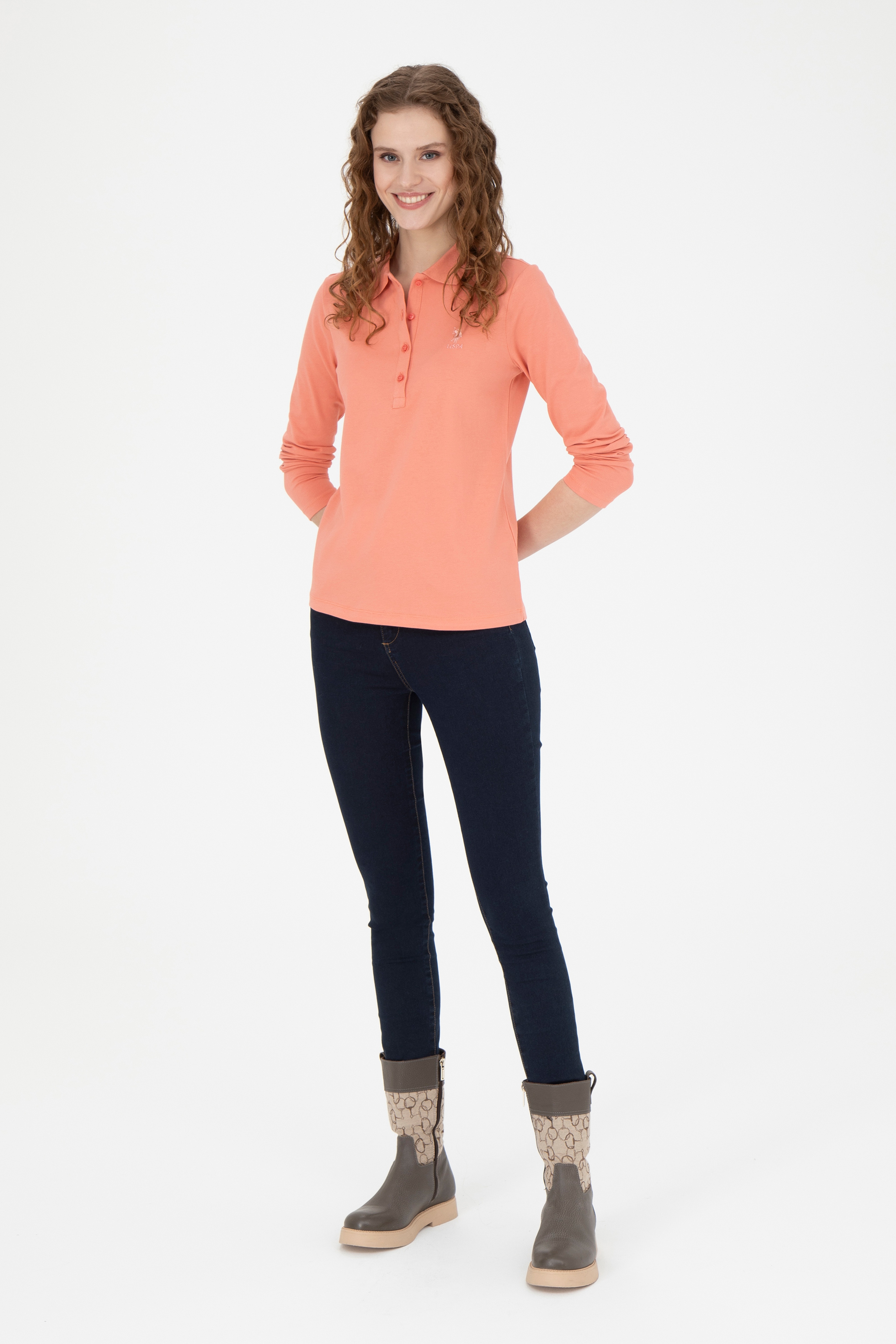 Kadın Somon Basic Polo Yaka Sweatshirt - Image 4