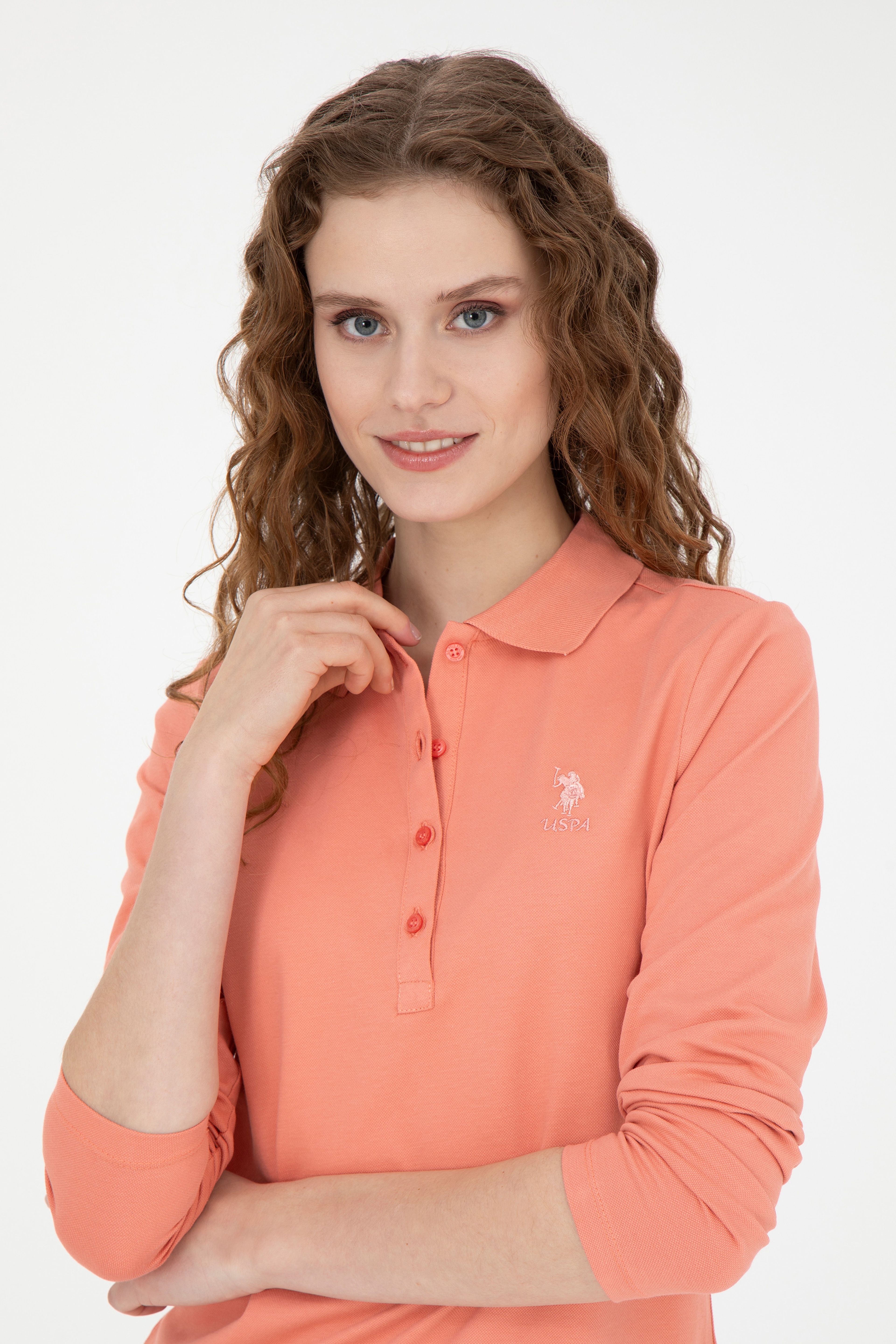 Kadın Somon Basic Polo Yaka Sweatshirt