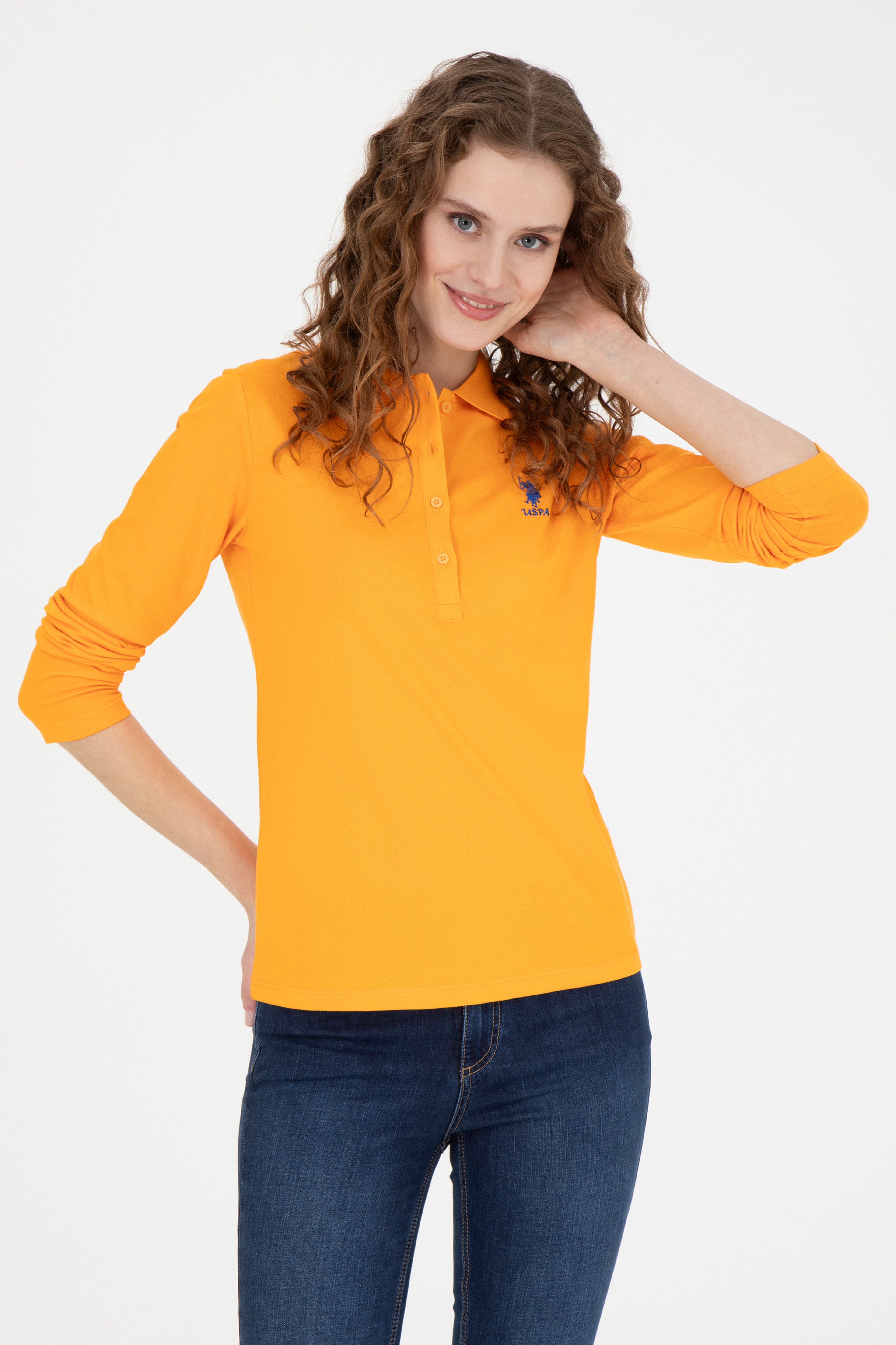 Kadın Turuncu Basic Polo Yaka Sweatshirt - Image 3