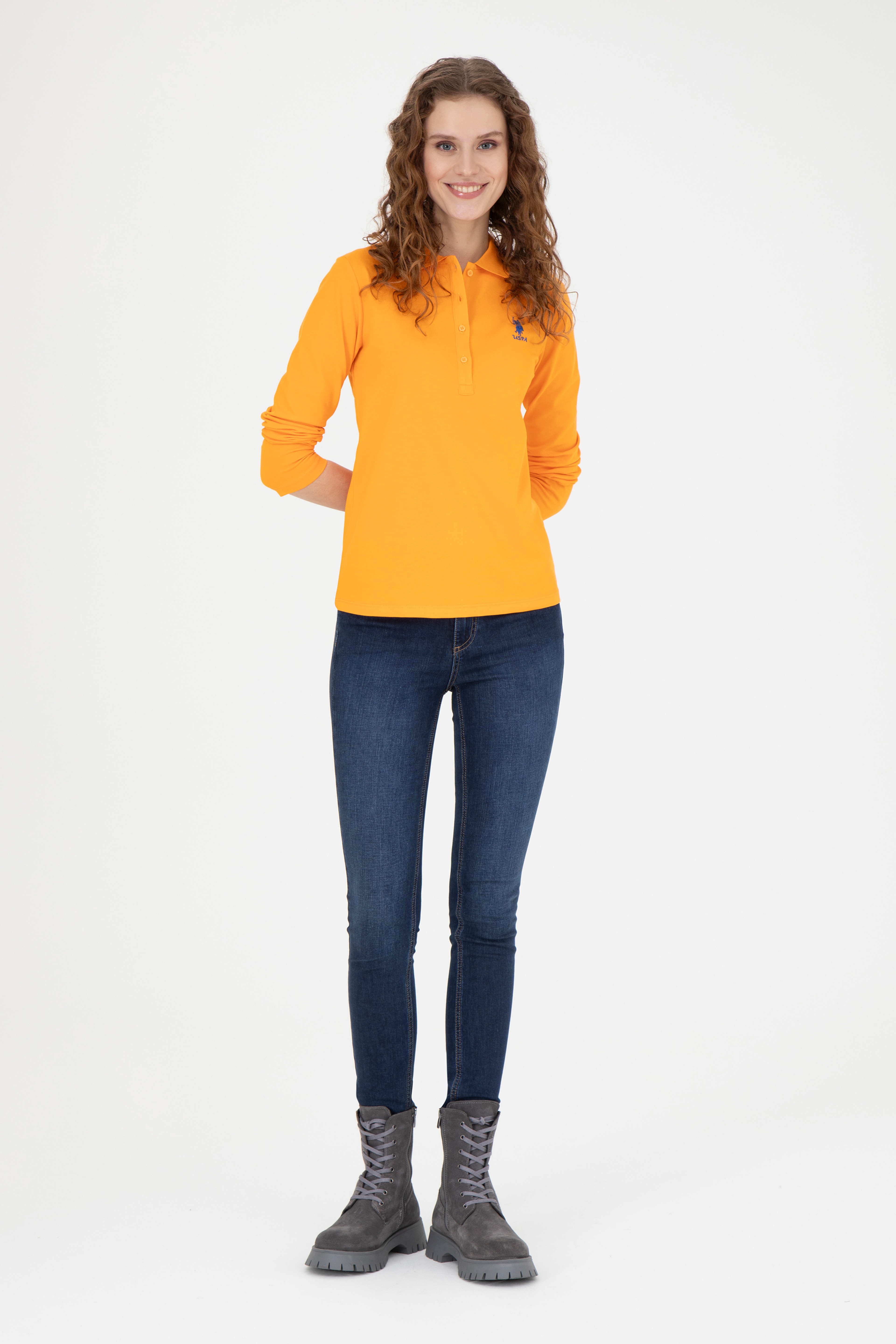 Kadın Turuncu Basic Polo Yaka Sweatshirt