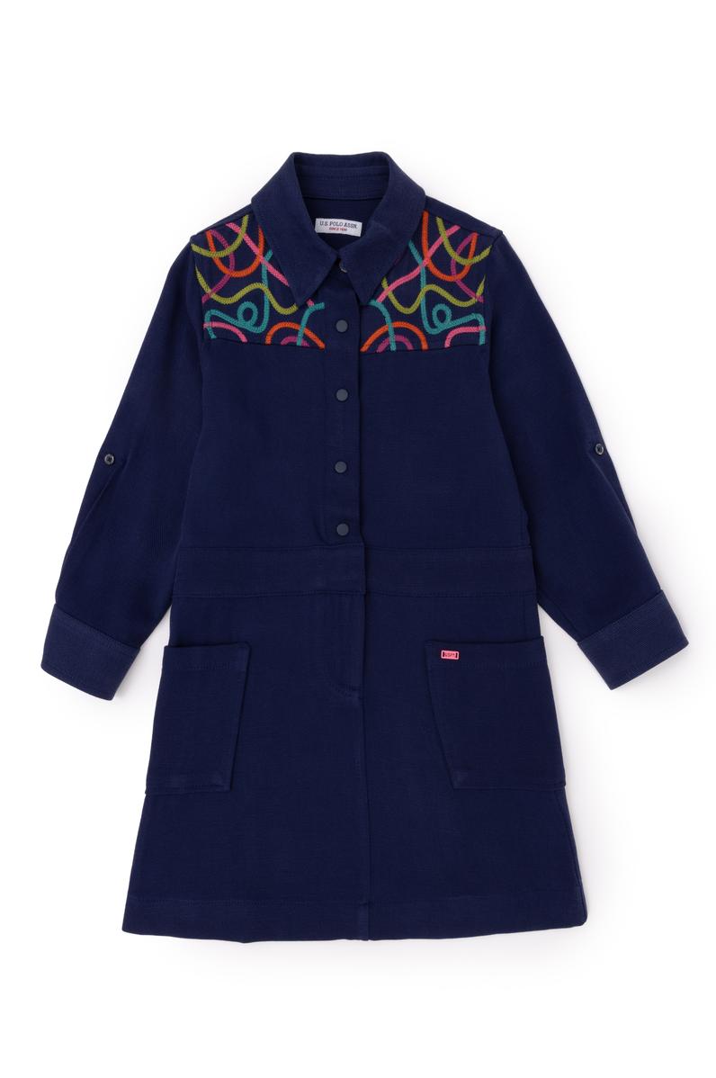 Kız Çocuk Lacivert Cep Detaylı İşlemeli Dokuma Elbise