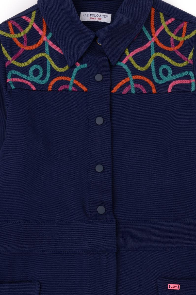 Kız Çocuk Lacivert Cep Detaylı İşlemeli Dokuma Elbise