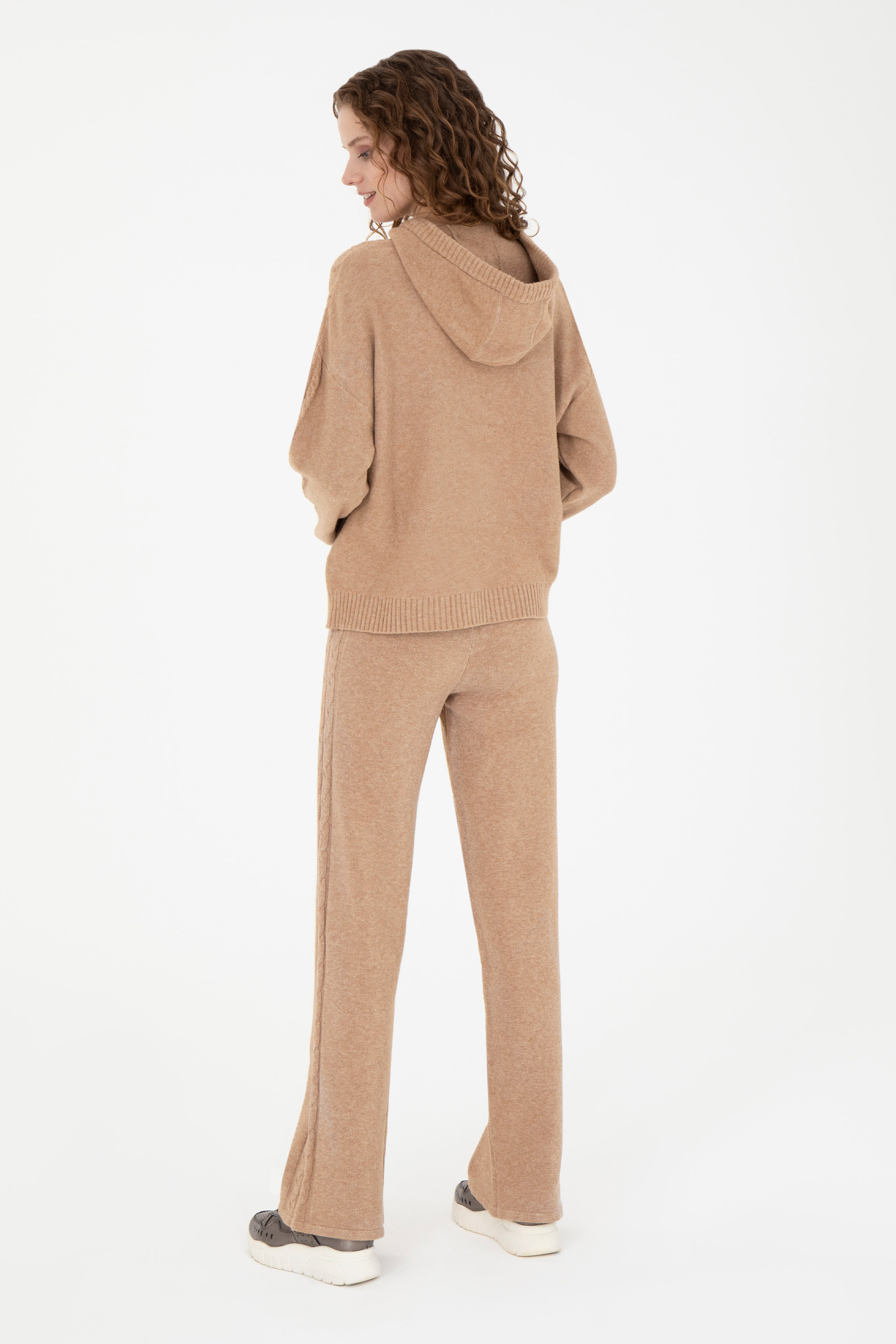 Kadın Kum Melanj Loose Fit Triko Pantolon - Image 4