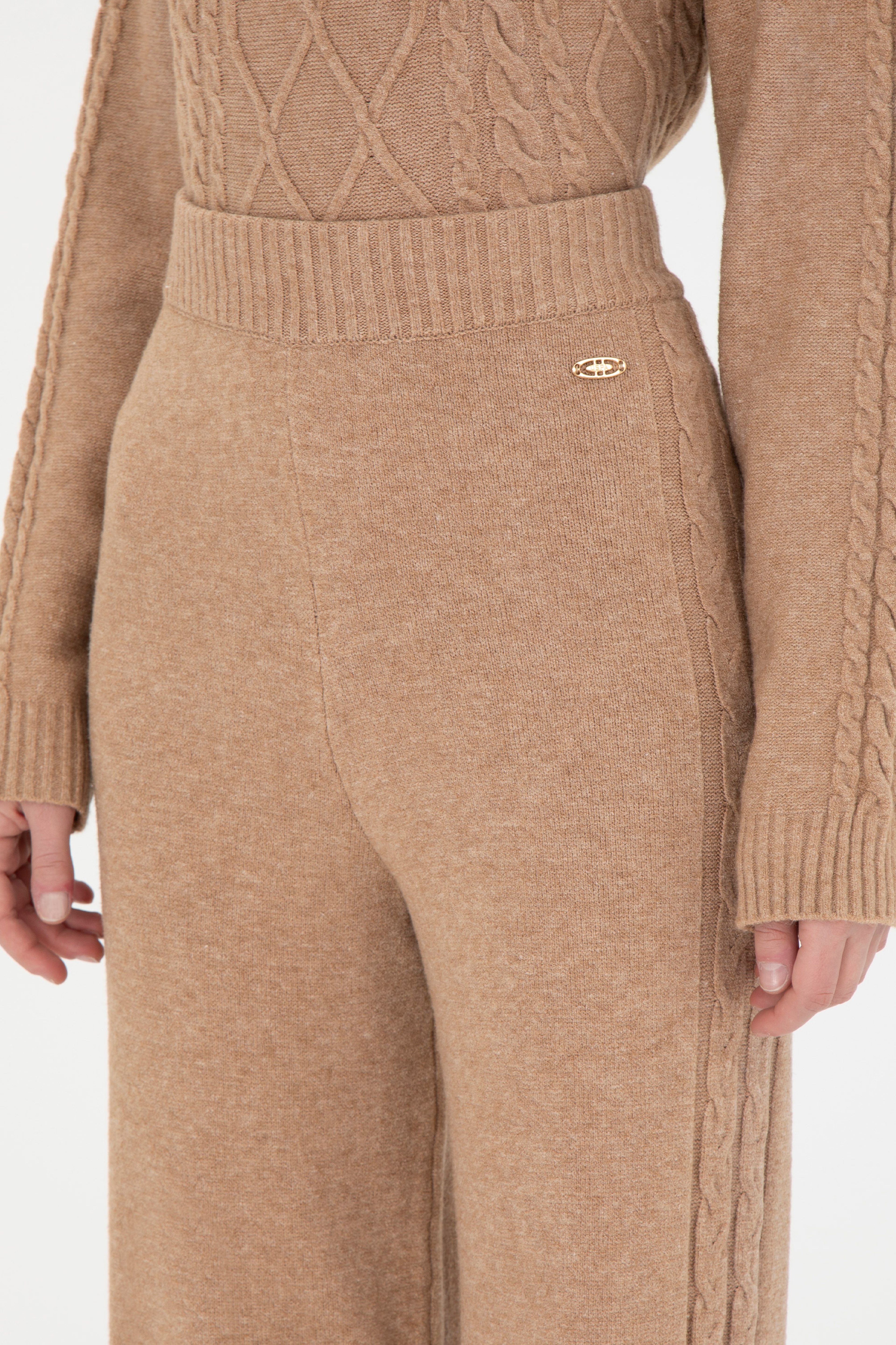 Kadın Kum Melanj Loose Fit Triko Pantolon