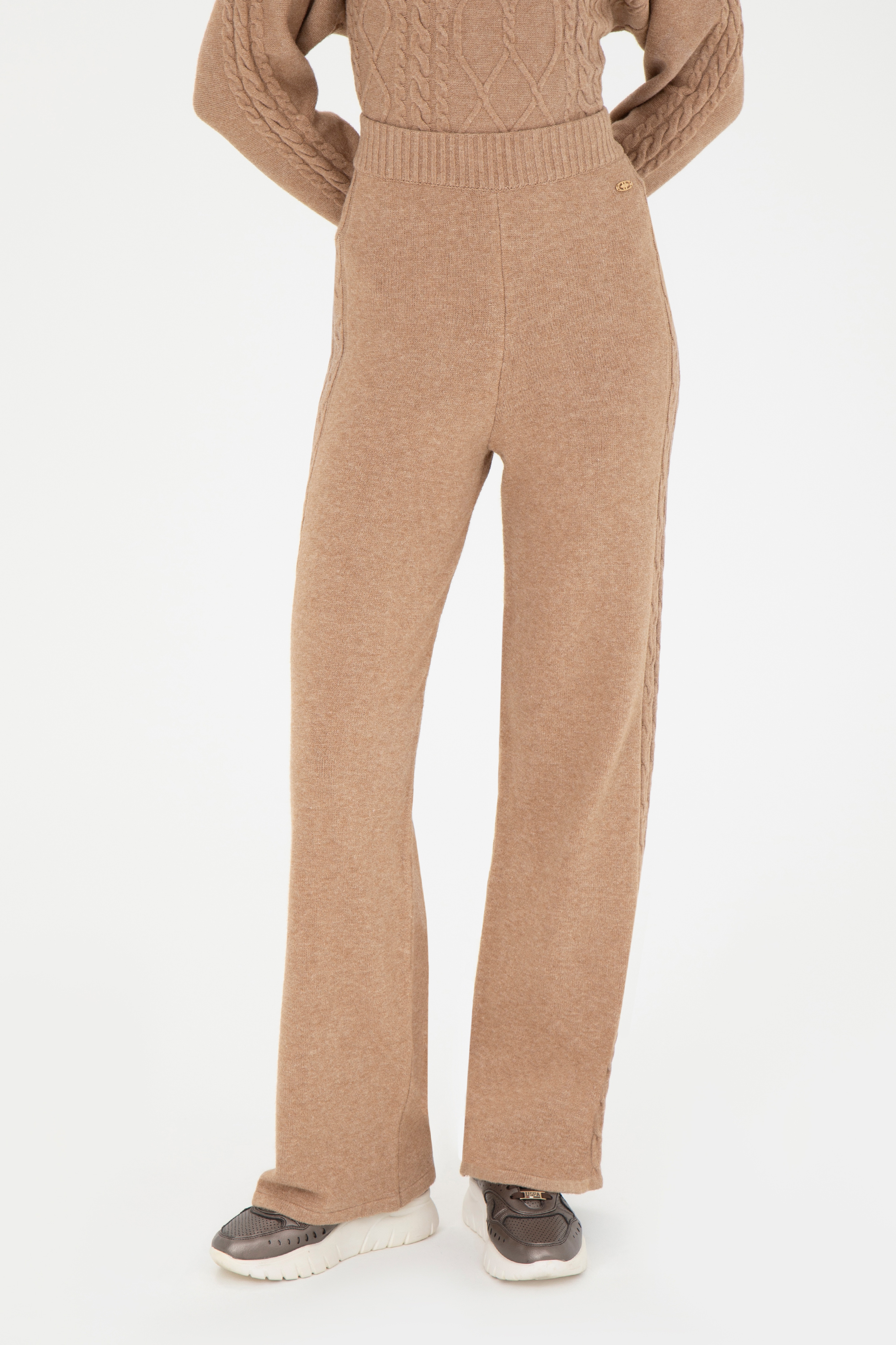 Kadın Kum Melanj Loose Fit Triko Pantolon - Image 2