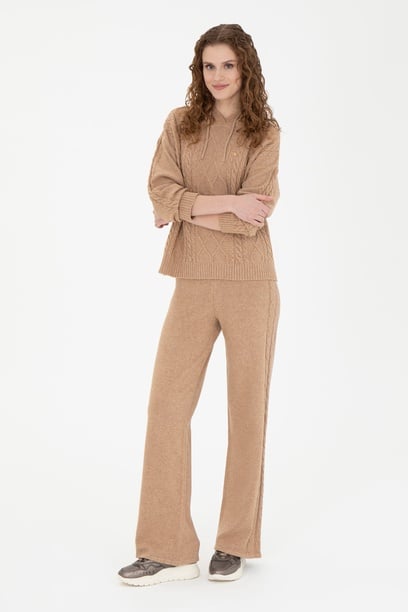 Kadın Kum Melanj Loose Fit Triko Pantolon