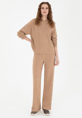 Kadın Kum Melanj Loose Fit Triko Pantolon - 50277073014