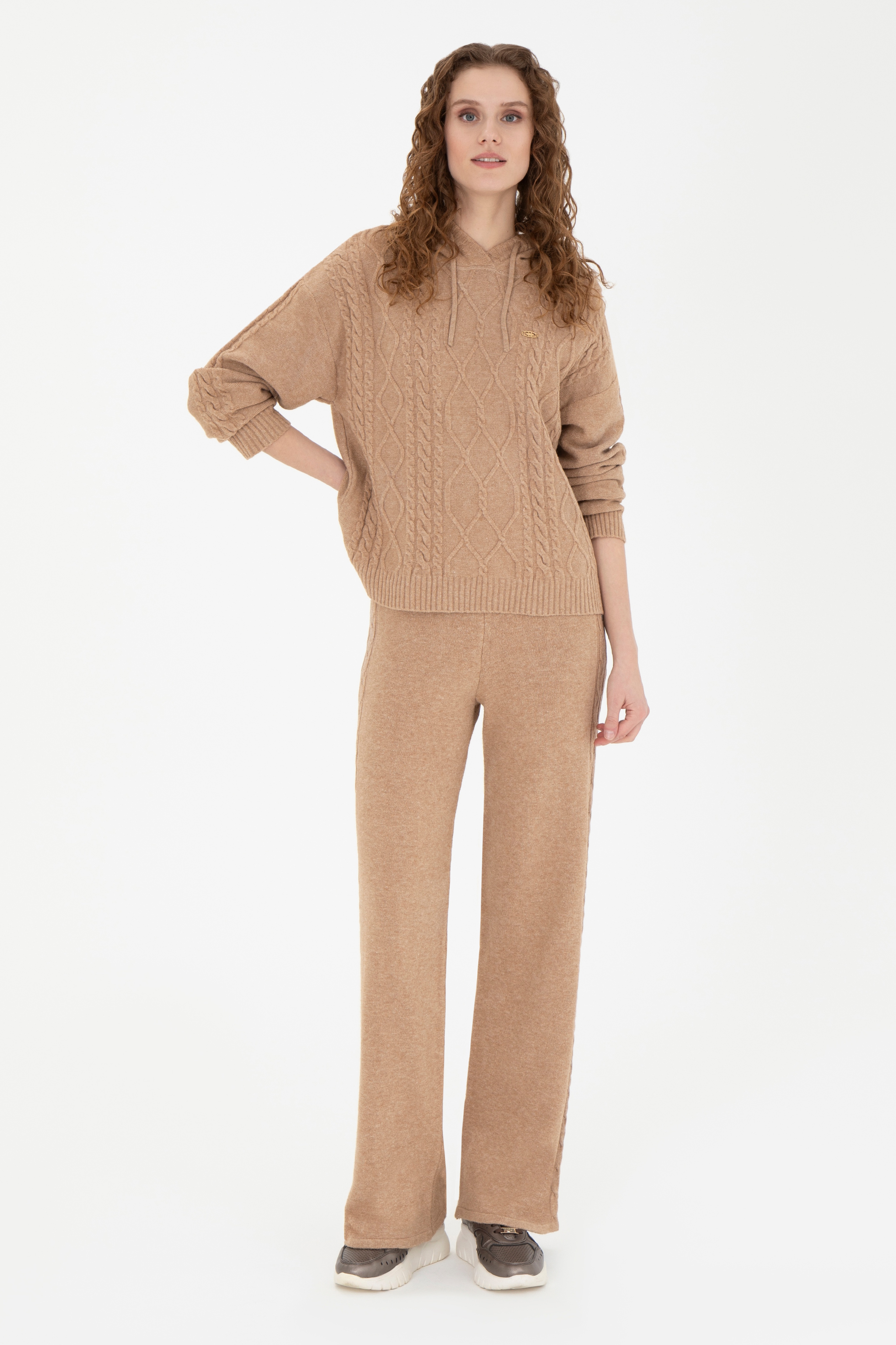 Kadın Kum Melanj Loose Fit Triko Pantolon - Image 3