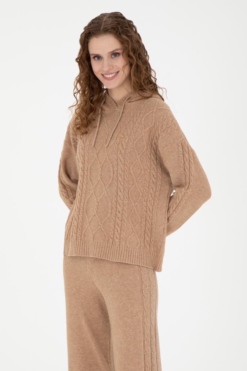 Kadın Kum Melanj Kapüşonlu Kazak