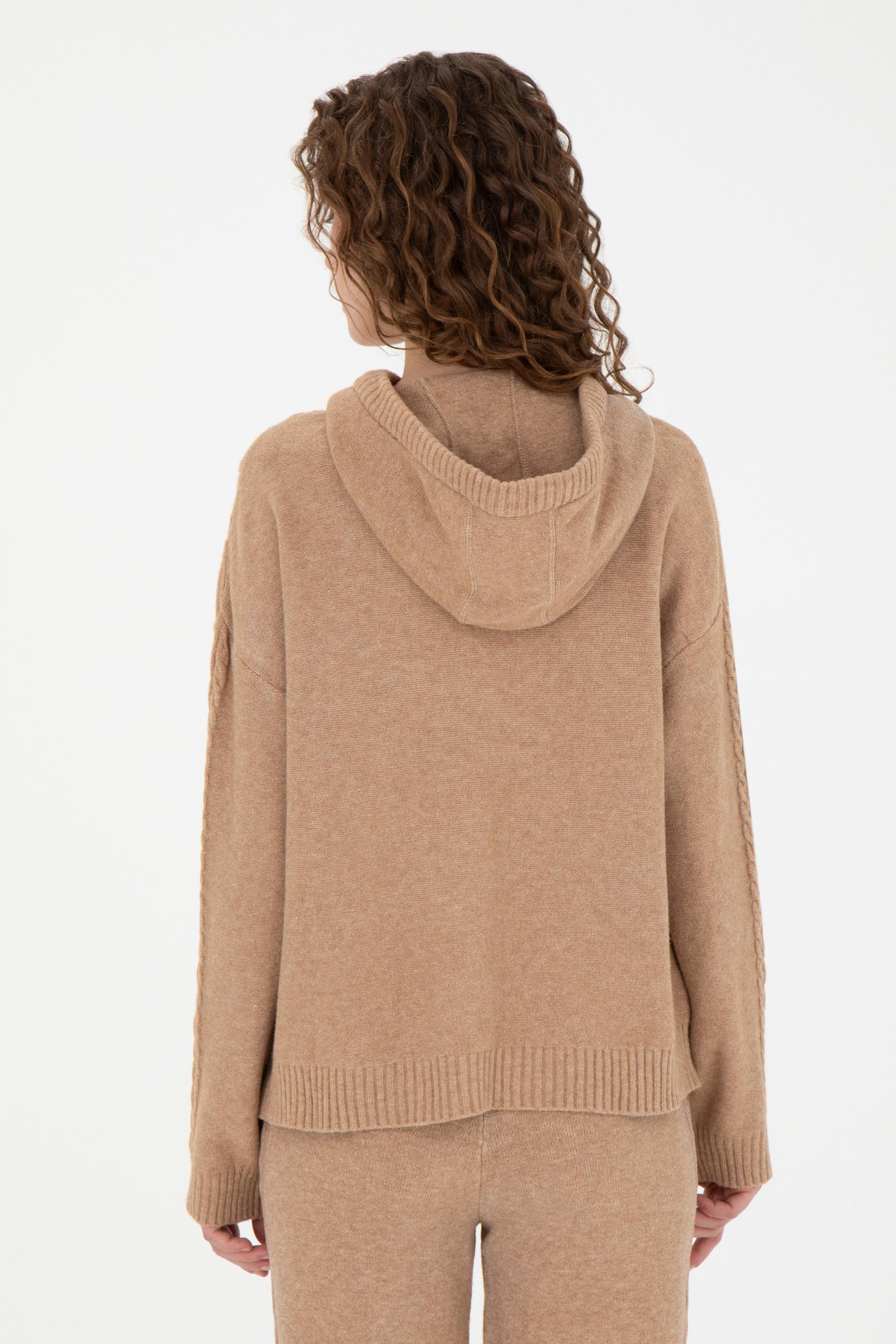 Kadın Kum Melanj Kapüşonlu Kazak