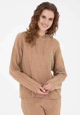 Kadın Kum Melanj Kapüşonlu Kazak - 50270449005