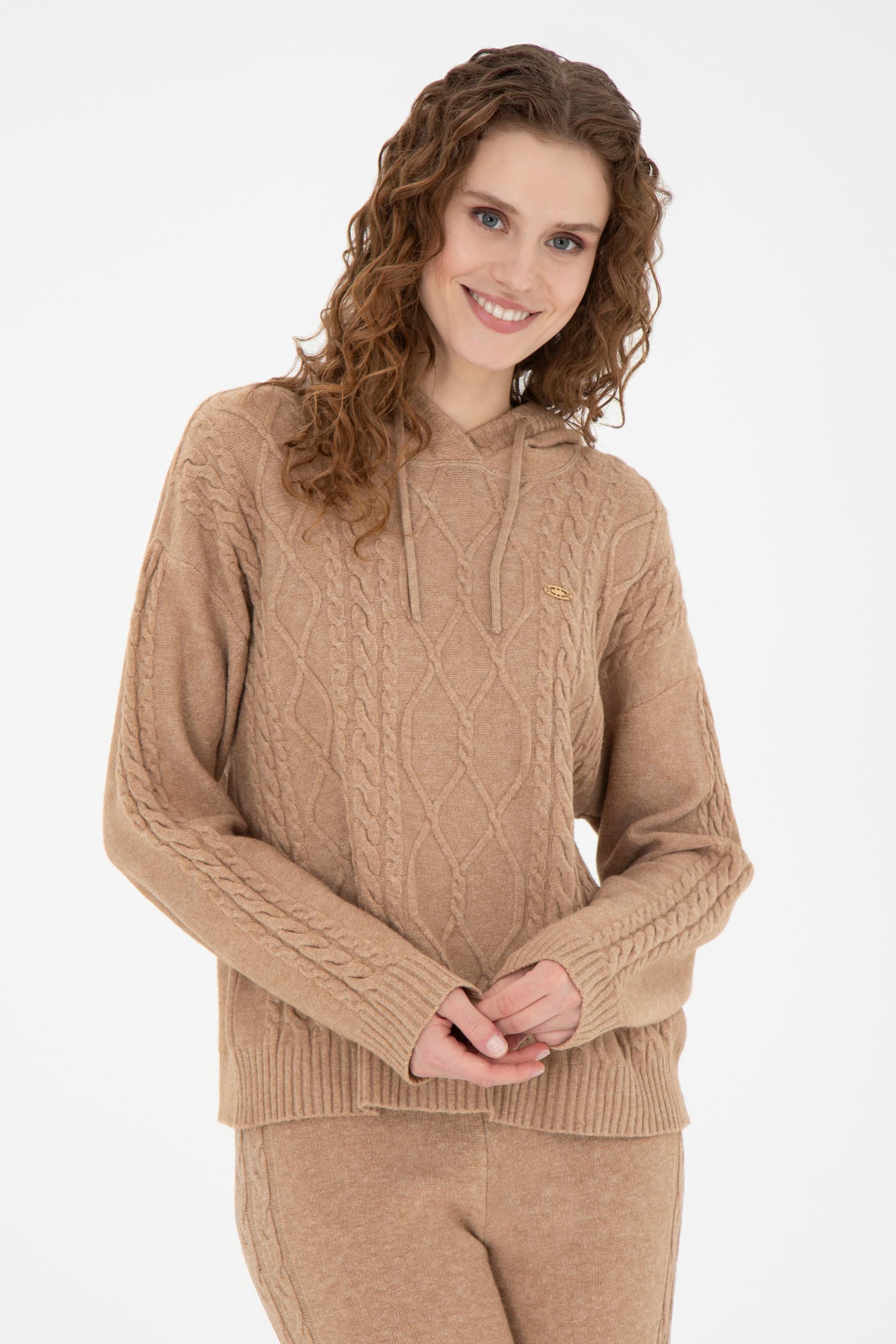 Kadın Kum Melanj Kapüşonlu Kazak