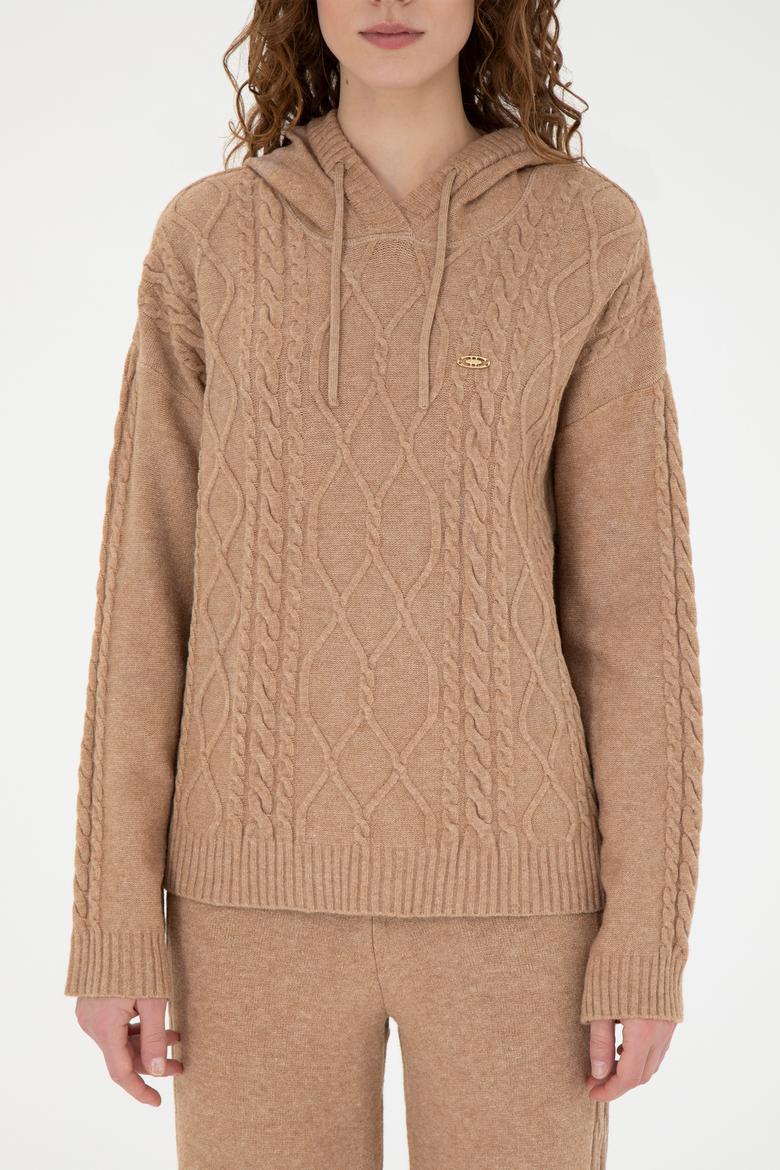 Kadın Kum Melanj Kapüşonlu Kazak - 50270449005