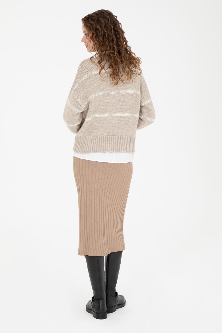 Kadın Kum Melanj Midi Boy Triko Etek - 50270462020