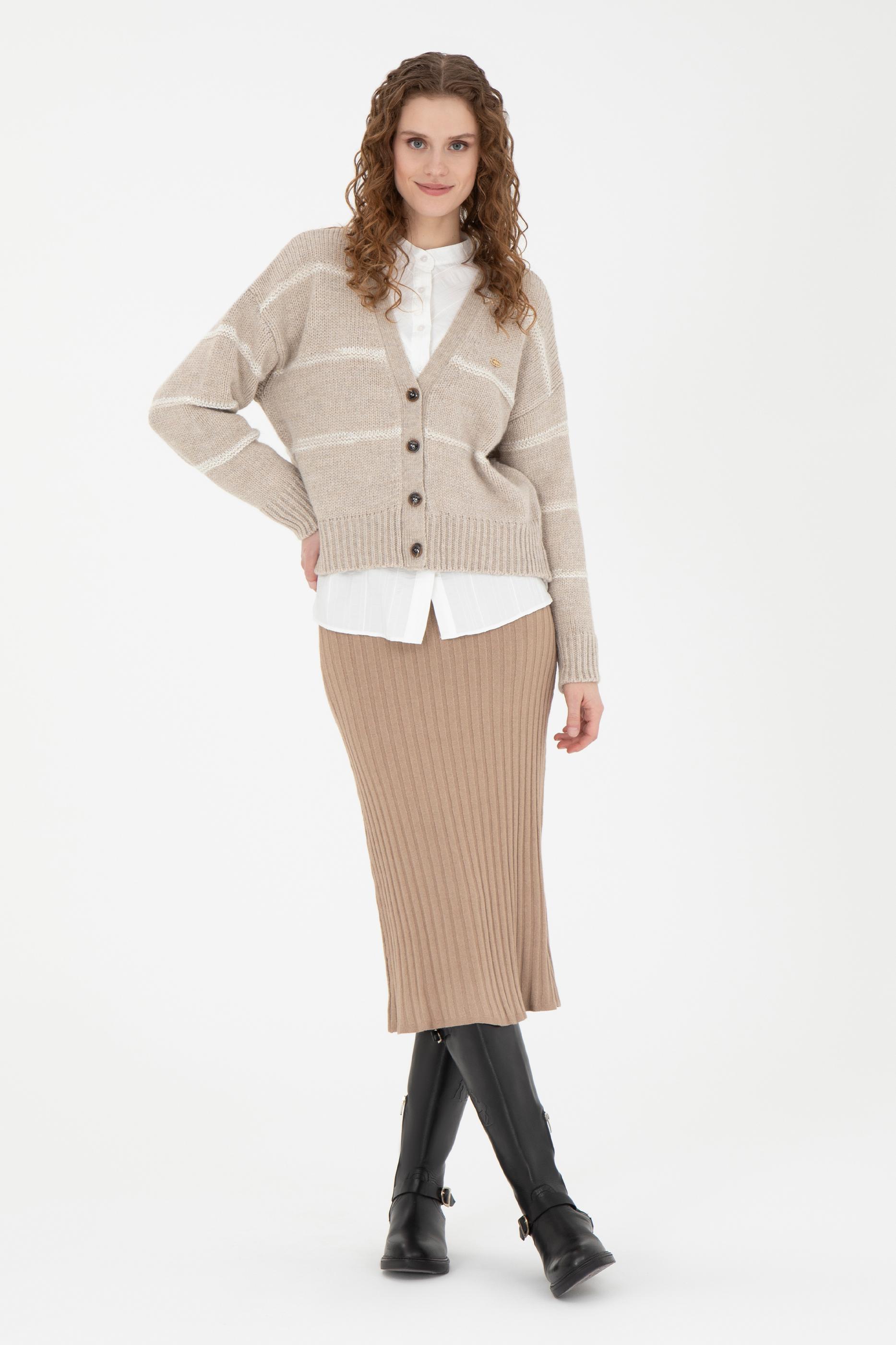 Kadın Kum Melanj Midi Boy Triko Etek