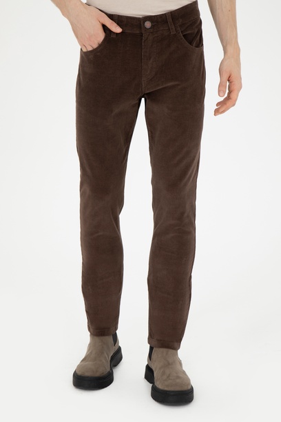 Erkek Slim Fit Kahverengi Kanvas Pantolon