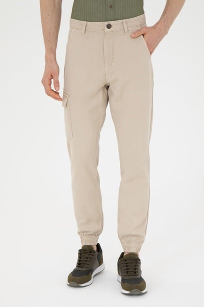 Erkek Jogger Fit Bej Kanvas Pantolon