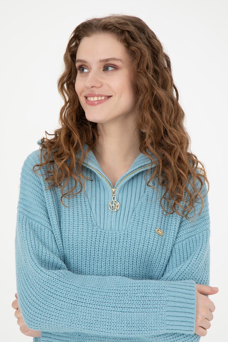 Kadın Mavi V Yaka Kazak - 50277299038