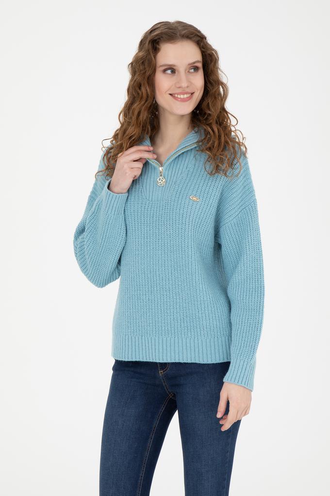 Kadın Mavi V Yaka Kazak