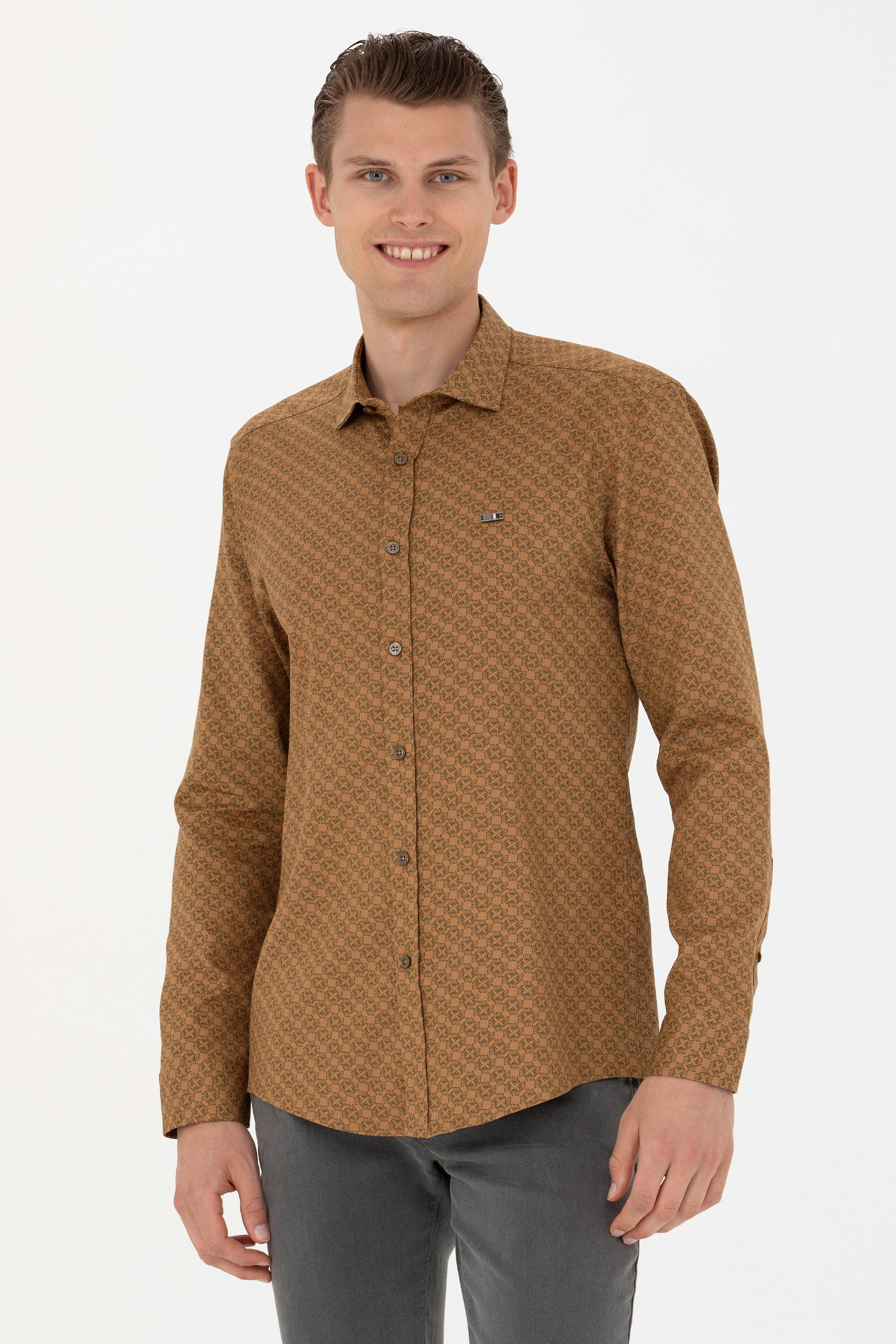 Erkek Açık Haki Uzun Kollu Gömlek