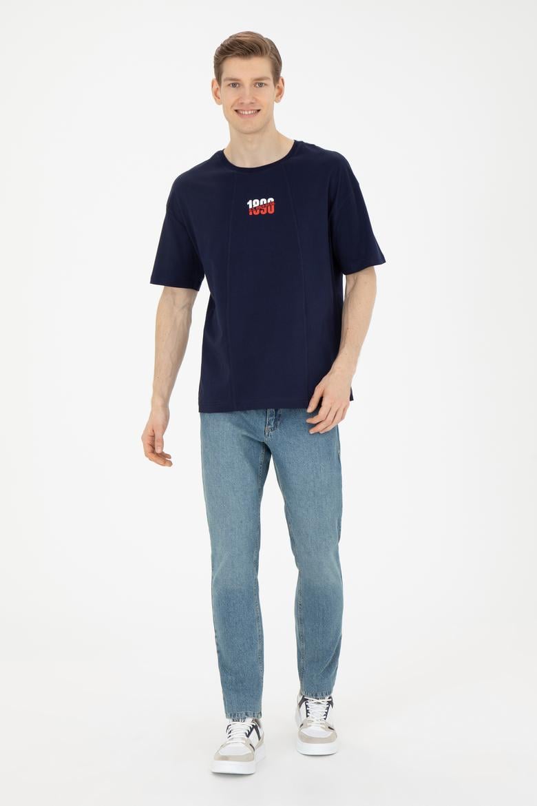 Erkek Comfort Fit Bisiklet Yaka Lacivert Tişört - 50287049016