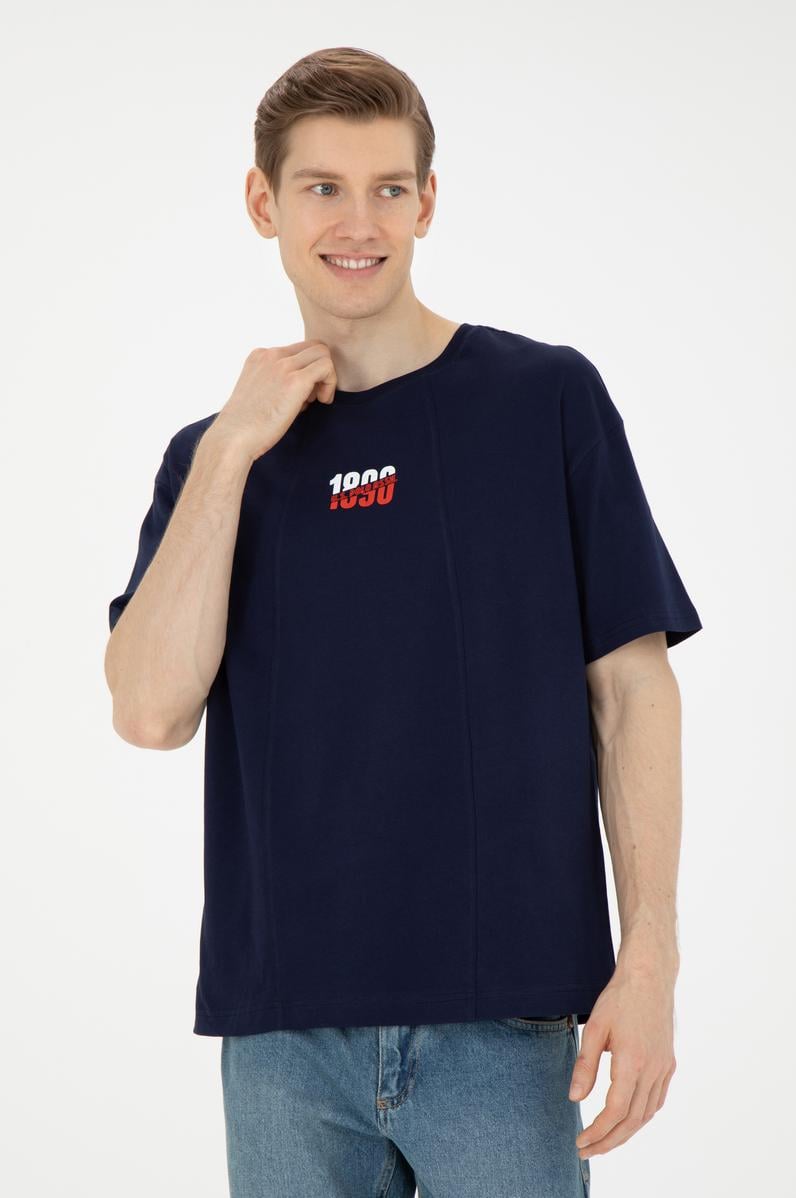 Erkek Comfort Fit Bisiklet Yaka Lacivert Tişört