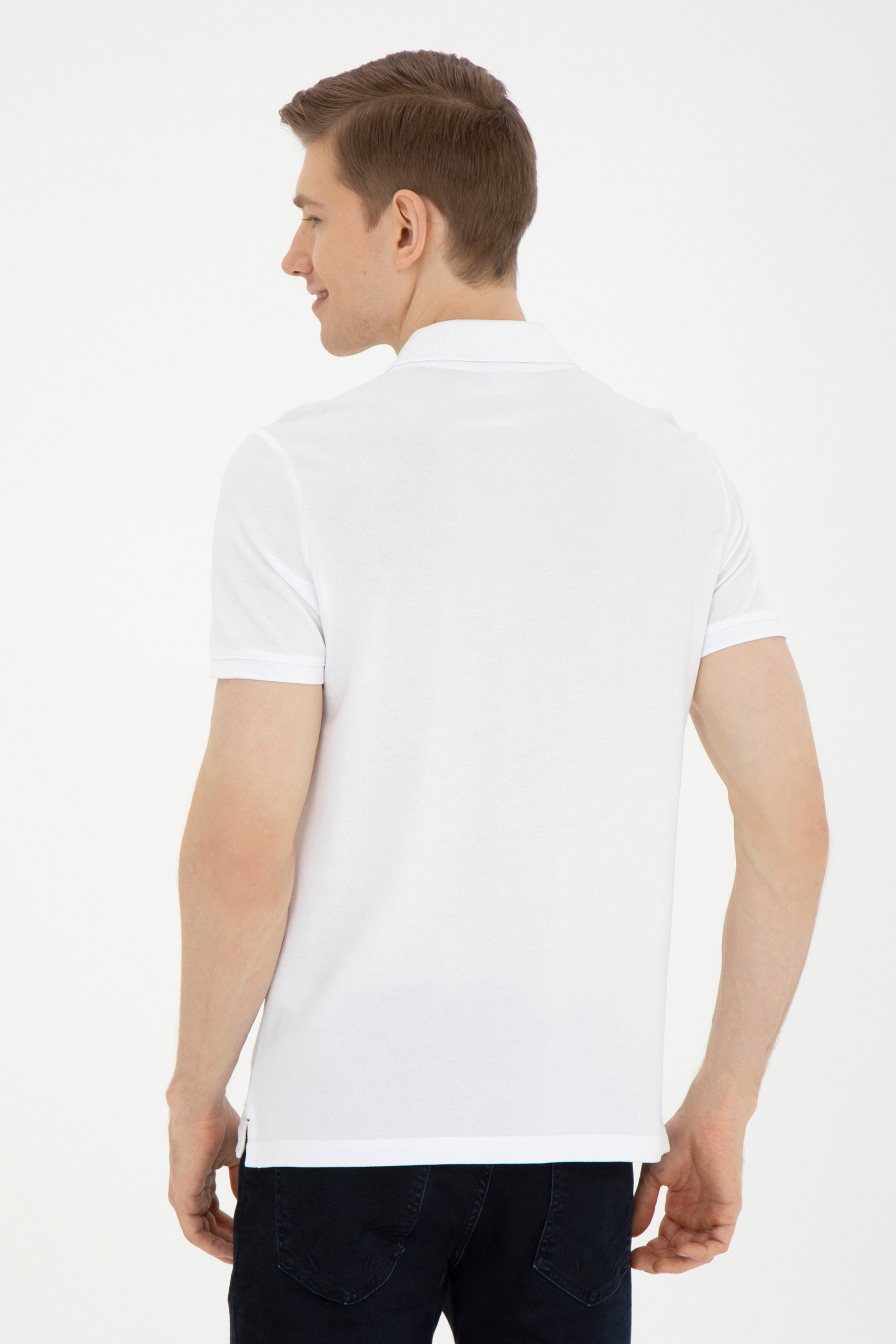 Erkek Slim Fit Polo Yaka Beyaz Basic Tişört - Image 5
