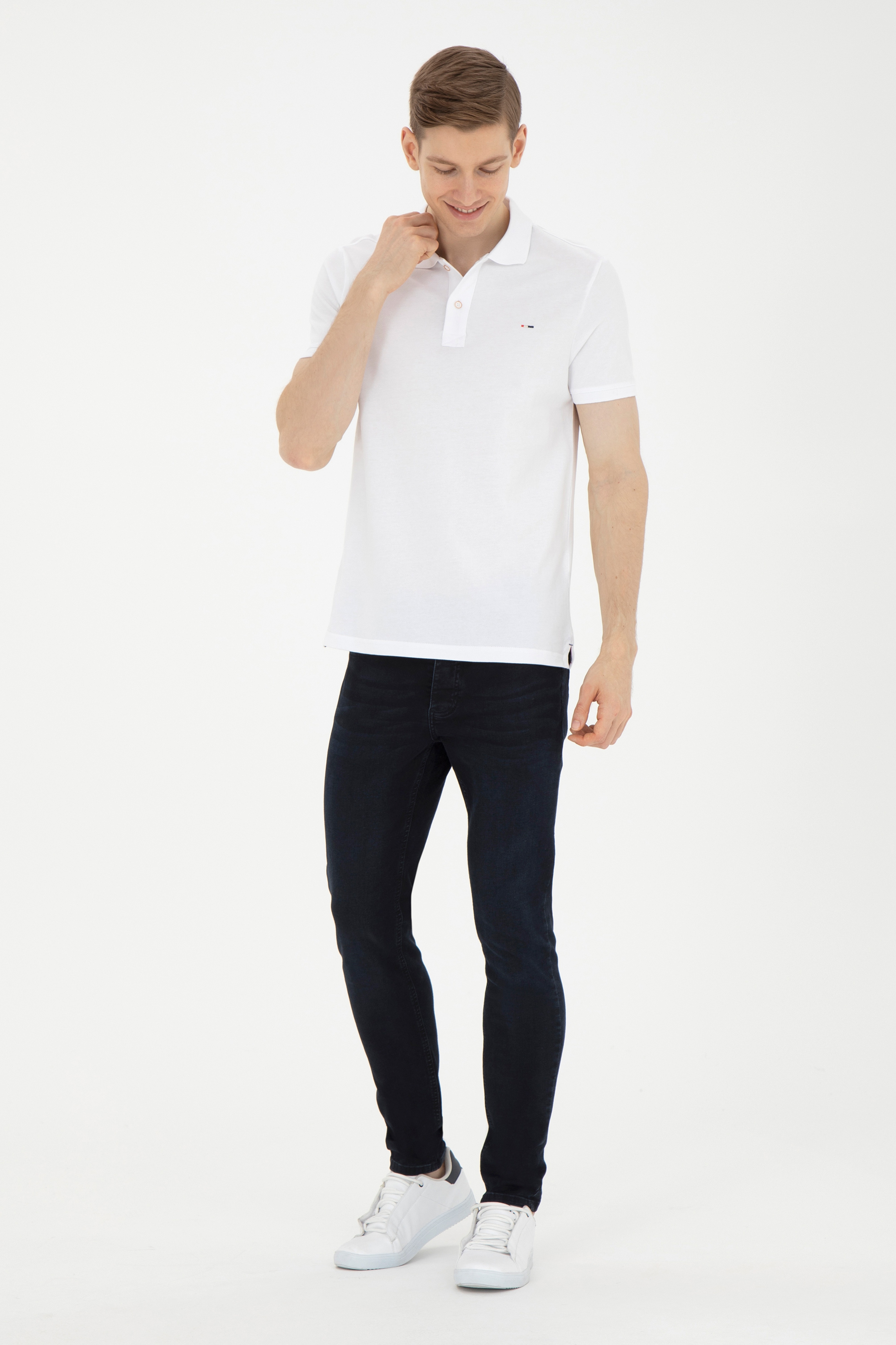 Erkek Slim Fit Polo Yaka Beyaz Basic Tişört