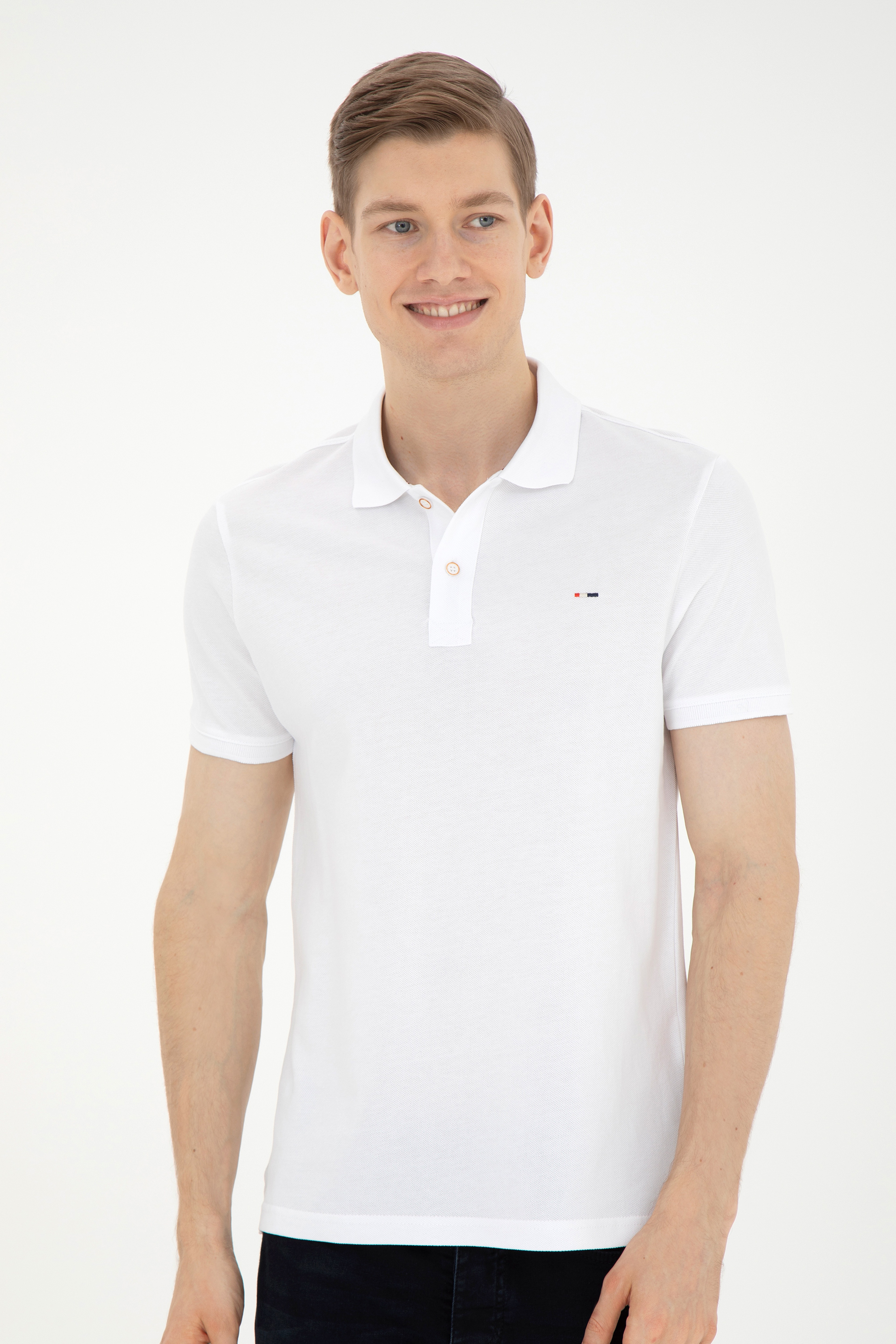 Erkek Slim Fit Polo Yaka Beyaz Basic Tişört - Image 3