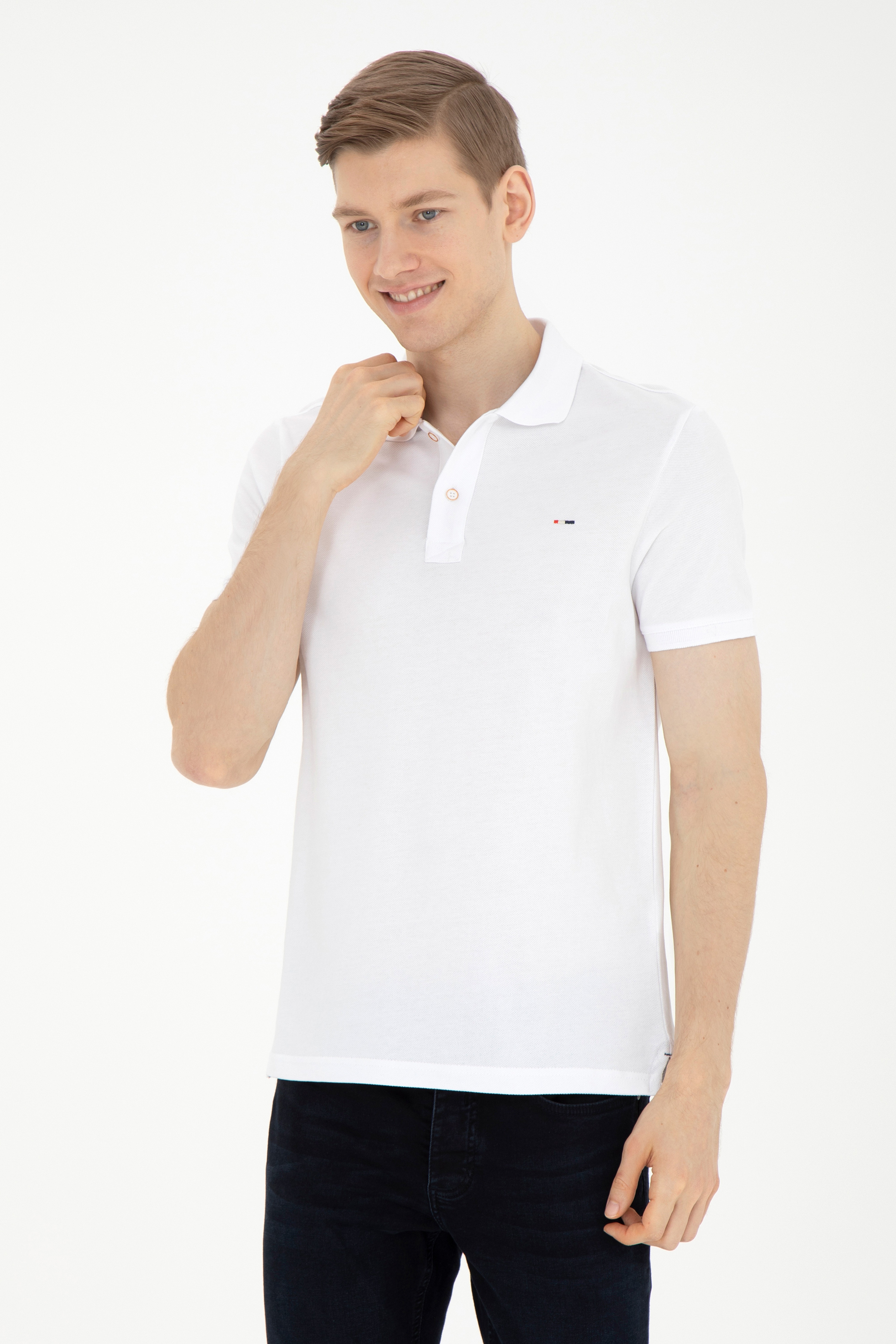 Erkek Slim Fit Polo Yaka Beyaz Basic Tişört - Image 1