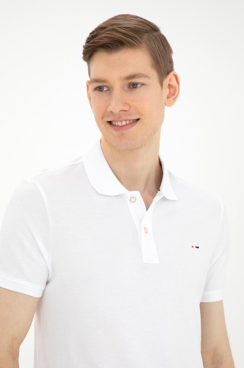 Erkek Slim Fit Polo Yaka Beyaz Basic Tişört