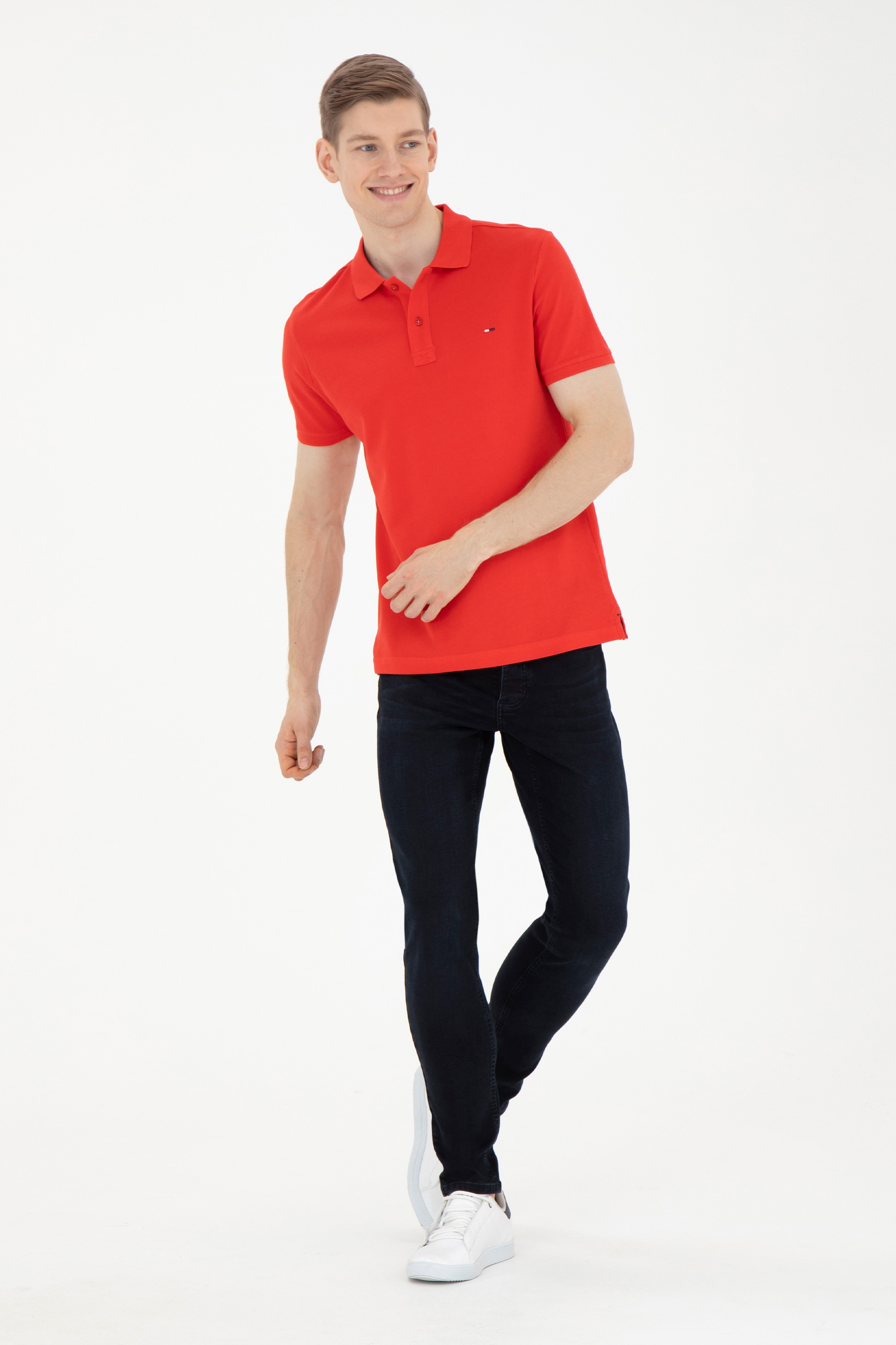 Erkek Slim Fit Polo Yaka Kırmızı Basic Tişört - Image 4