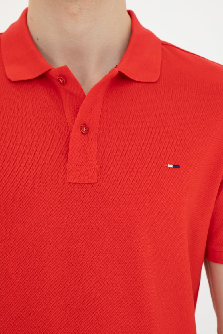 Erkek Slim Fit Polo Yaka Kırmızı Basic Tişört - 50286724021