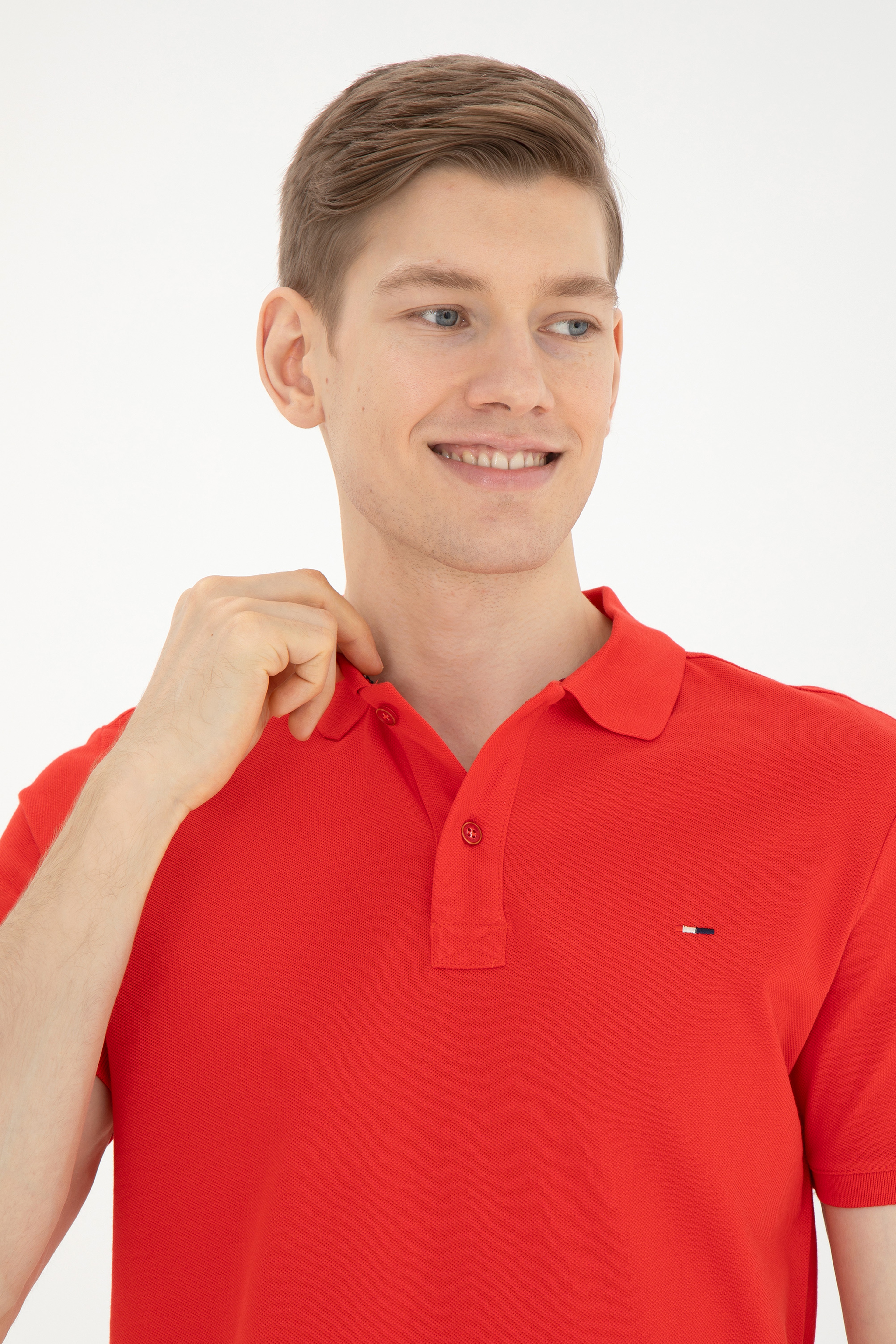 Erkek Slim Fit Polo Yaka Kırmızı Basic Tişört - Image 2