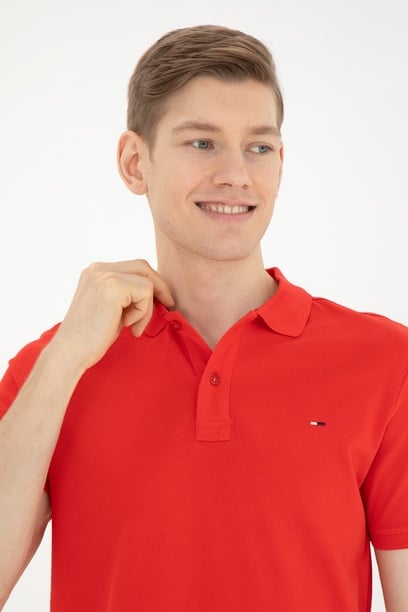Erkek Slim Fit Polo Yaka Kırmızı Basic Tişört